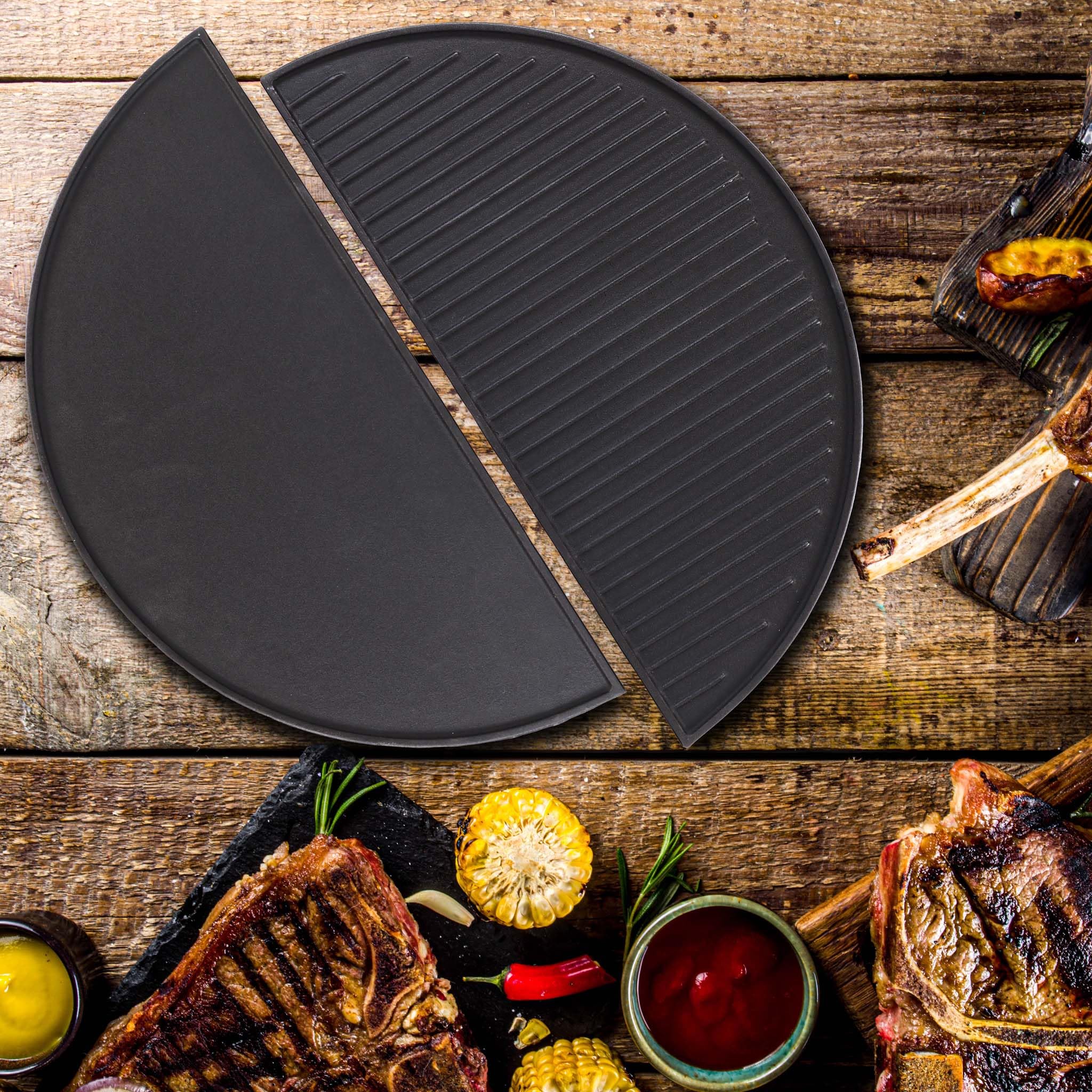 Wiltec Płyta grillowa zestaw 55 x 26,5 x 1,5 cm z żeliwa i powłoką emaliową 2 szt., ruszt do grilla półokrągły, na ognisko, grilla i węgiel