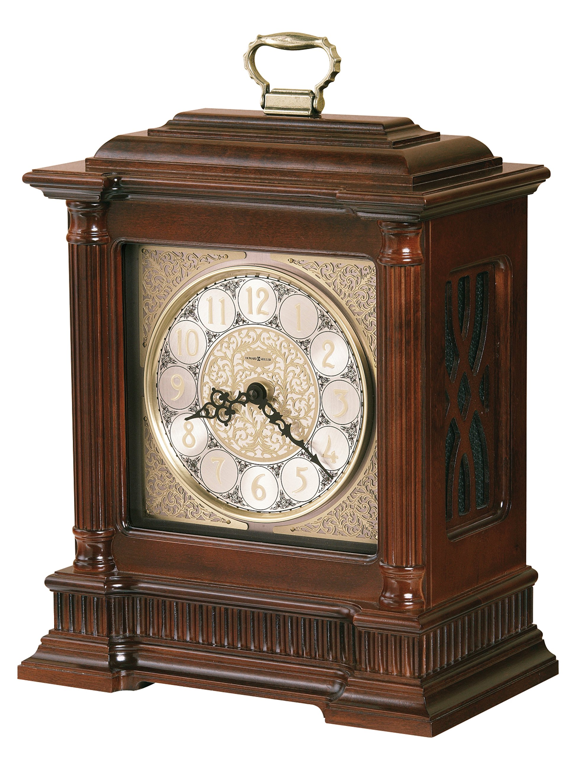 Howard Miller Akron II Mantel Clock – Windsor Finish, Dual-Chime Kieninger Movement, Arabic Numerals, Brushed Nickel Dial, Wooden Base