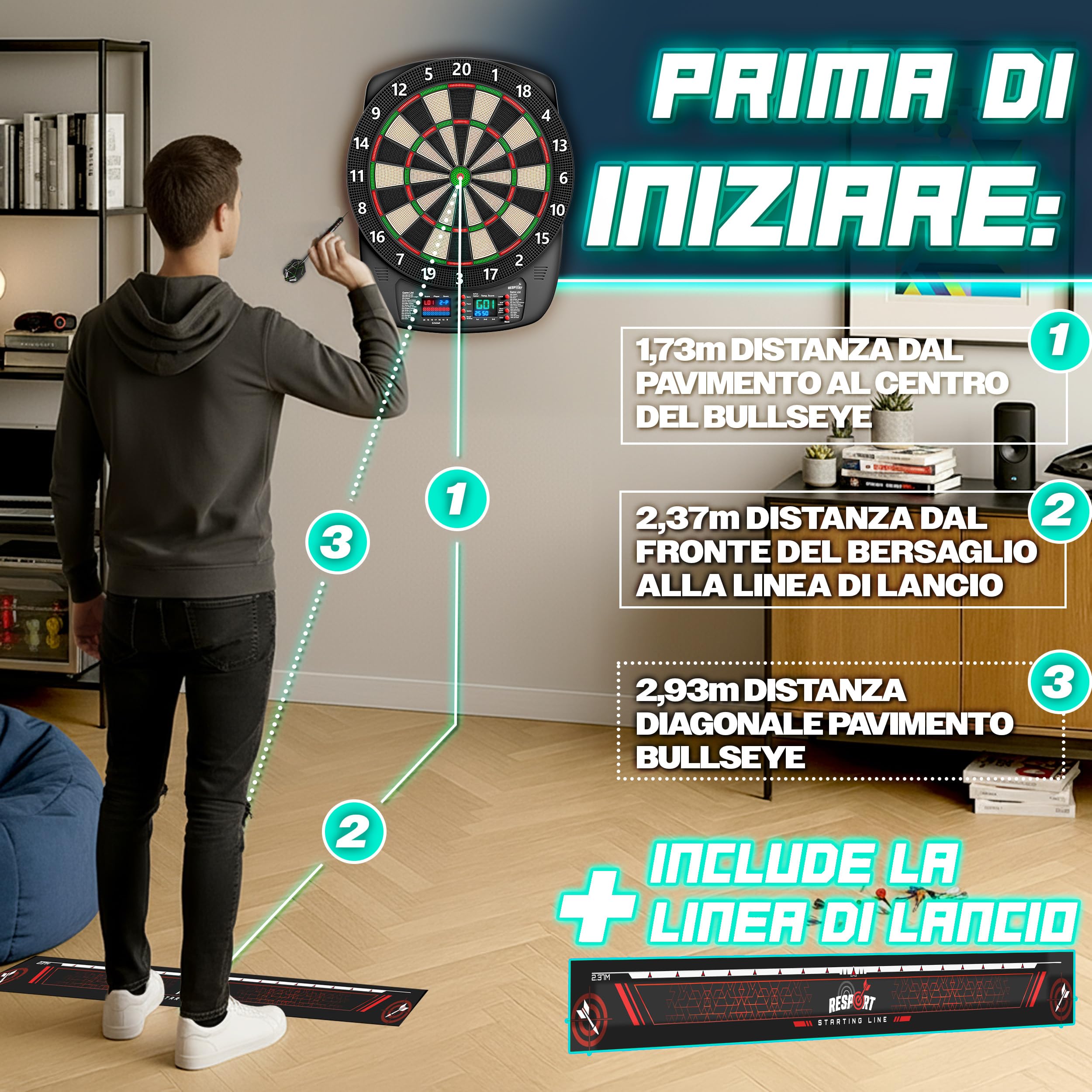 RE:SPORT® Bersaglio elettronico per freccette, set professionale con 12 freccette + 24 ali Pro + 100 punte per freccette e accessori | E Dartautomat per 1–8 giocatori con 427 varianti | Bersaglio
