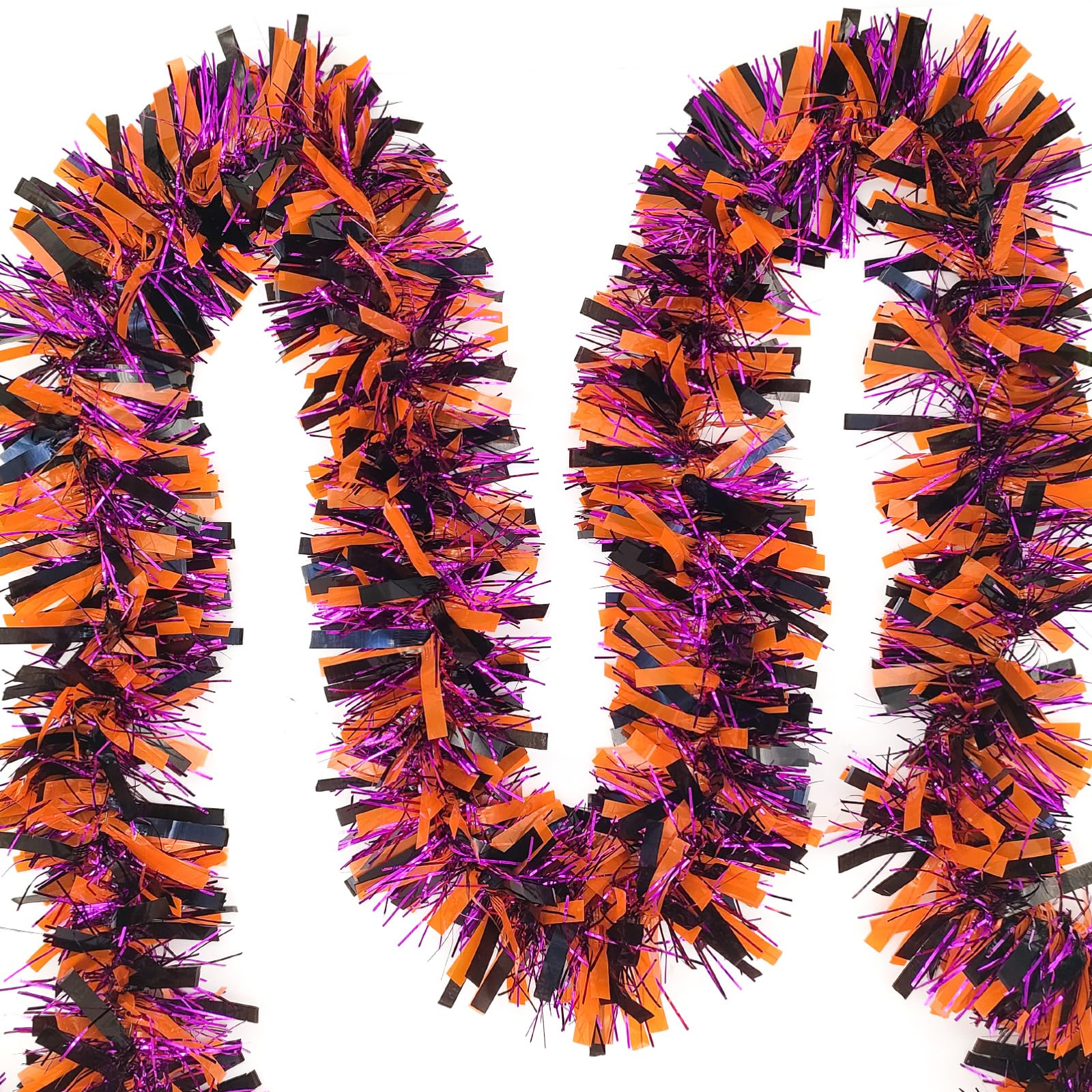 65.6 Ft Halloween Tinsel Garland Shiny Orange Purple Black Metallic Fringe Twist Garland Tinsel Strip for Halloween Party Decorations Indoor Outdoor Spooky Hanging Decor for Home Fireplace Doorway