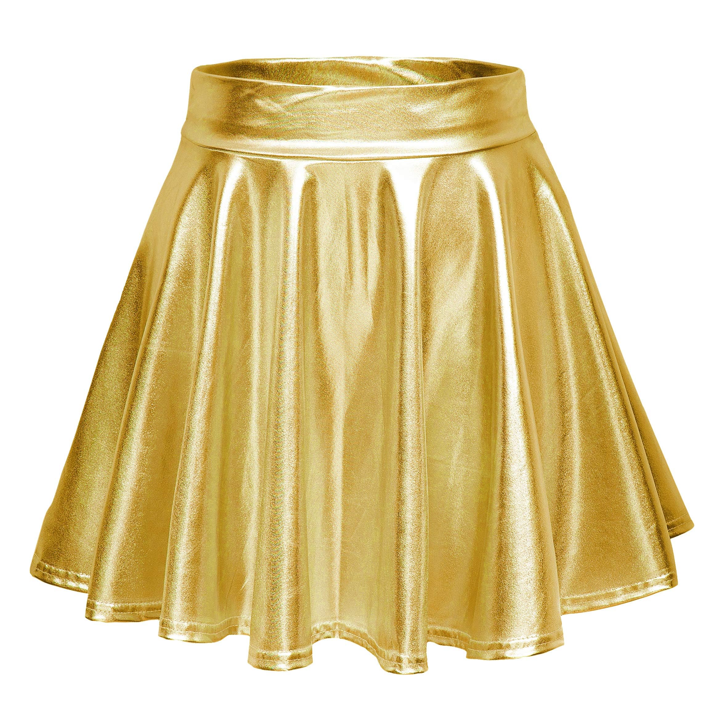EXCHIC Women's Shiny Metallic Wet Look Mini Skirt Elastic Waist Flared Skater Skirts(L, Gold)