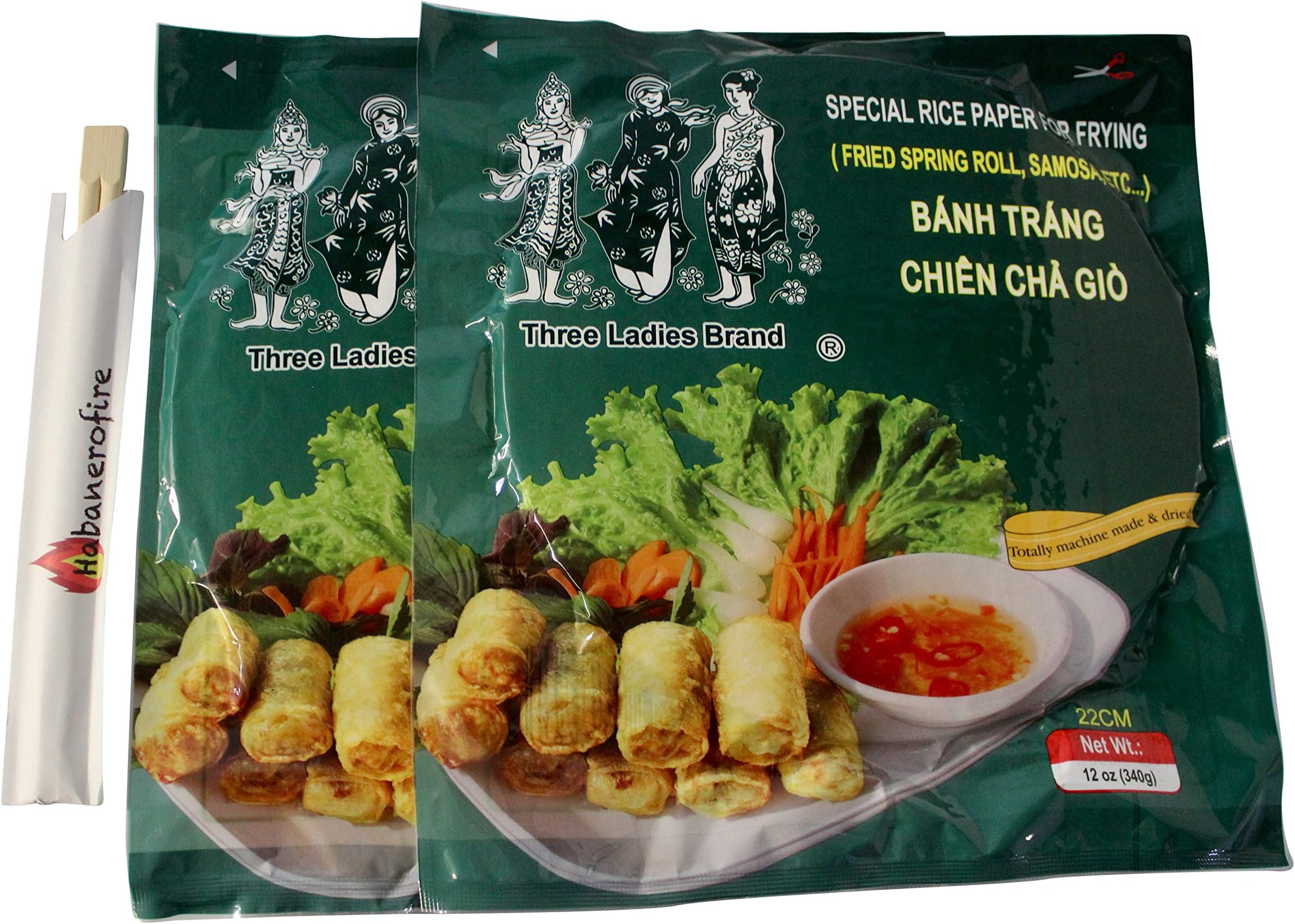 Habanerofire Three Ladies Brand Rice Paper Sheets for Spring Rolls, 22cm Round, [Pack of 2] with Habanerofire Chopsticks