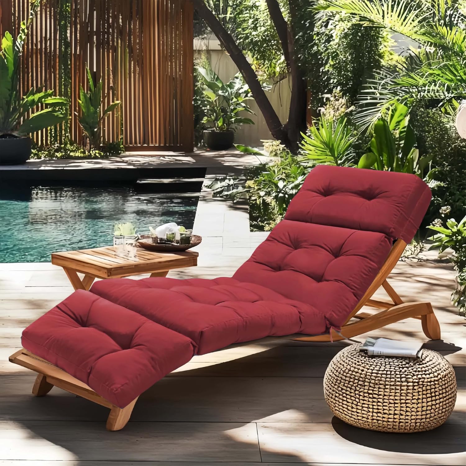 Outdoor Chaise Lounge Cushions, Waterproof Non-Slip Thickened Lounge Chair Cushion with Ties, Replacement Patio Pool Recliner Cushions for Outdoor Furniture, 74.4x21.7x4.5 Inches (Red)