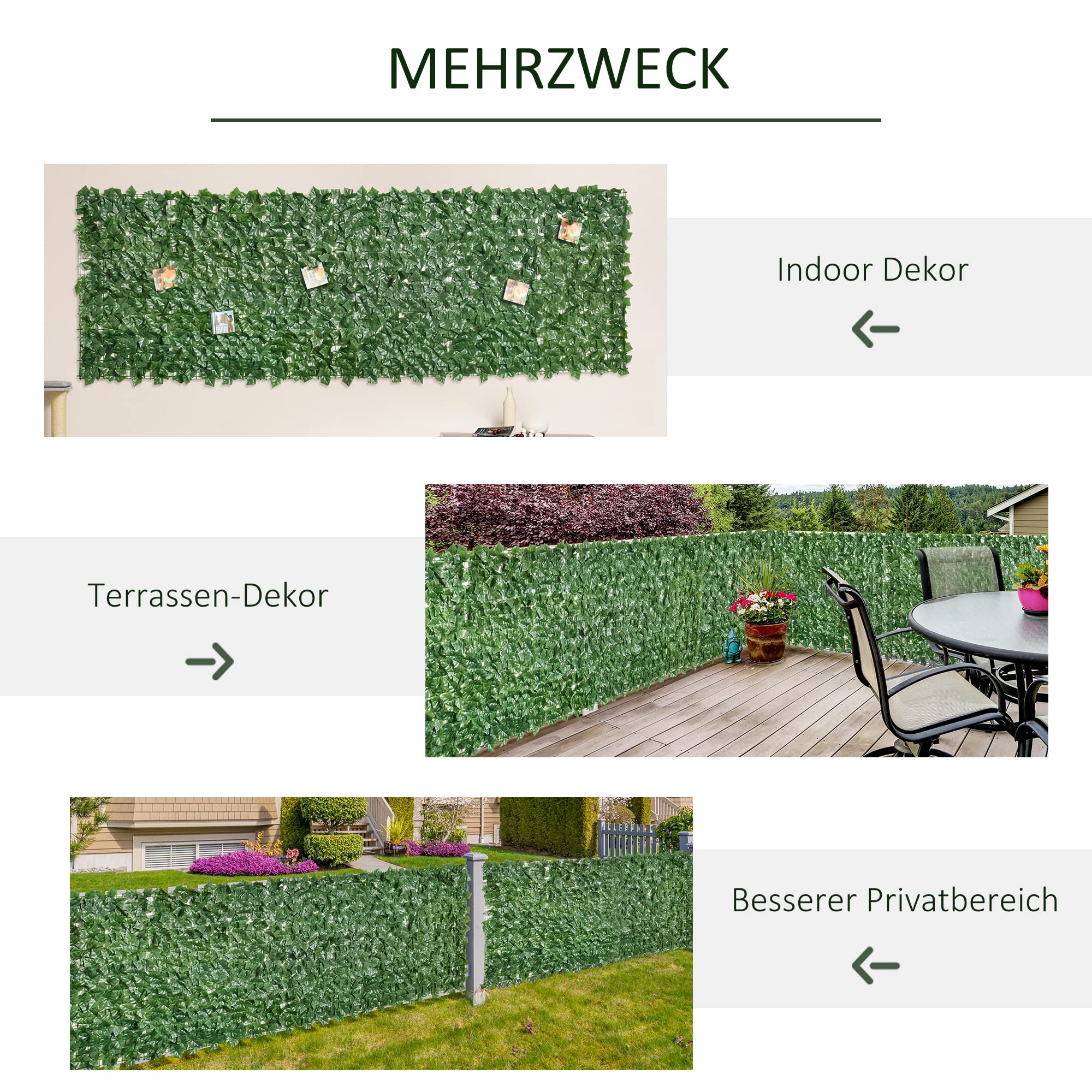 Outsunny Sztuczny Żywopłot Osłona UV Ochrona 300 x 100 cm Zielony | Balkon Osłony, Ogrodzenie Siatka z liśćmi, Żywopłot Ogrodzenie, Sztuczna Ściana, do ogrodu Ślub