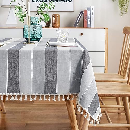 AmHoo Mantel rectangular a rayas con borlas y costuras de tela de lino y algodón para mesa de cocina, 55 x 86 pulgadas, color gris oscuro