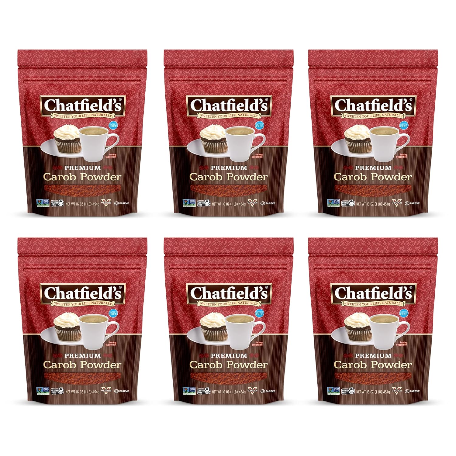 Chatfield’s All Natural Unsweetened Carob Powder 16-oz Pouch (6 Pack) - Premium Quality, Caffeine-Free, Gluten-Free, Vegan, Kosher, Non-GMO Verified - Perfect for Baking Cookies, Cupcakes, Brownies, Smoothies, Shakes and Many More