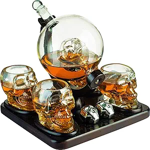 Skull Skeleton Wine & Whiskey Globe Decanter Set 850mL | Gothic Barware Gift Set with 4 Skull Head Shot Glasses 3oz & Skull Chillers on Wooden Base | Spooky Halloween Skeleton Drinkware
