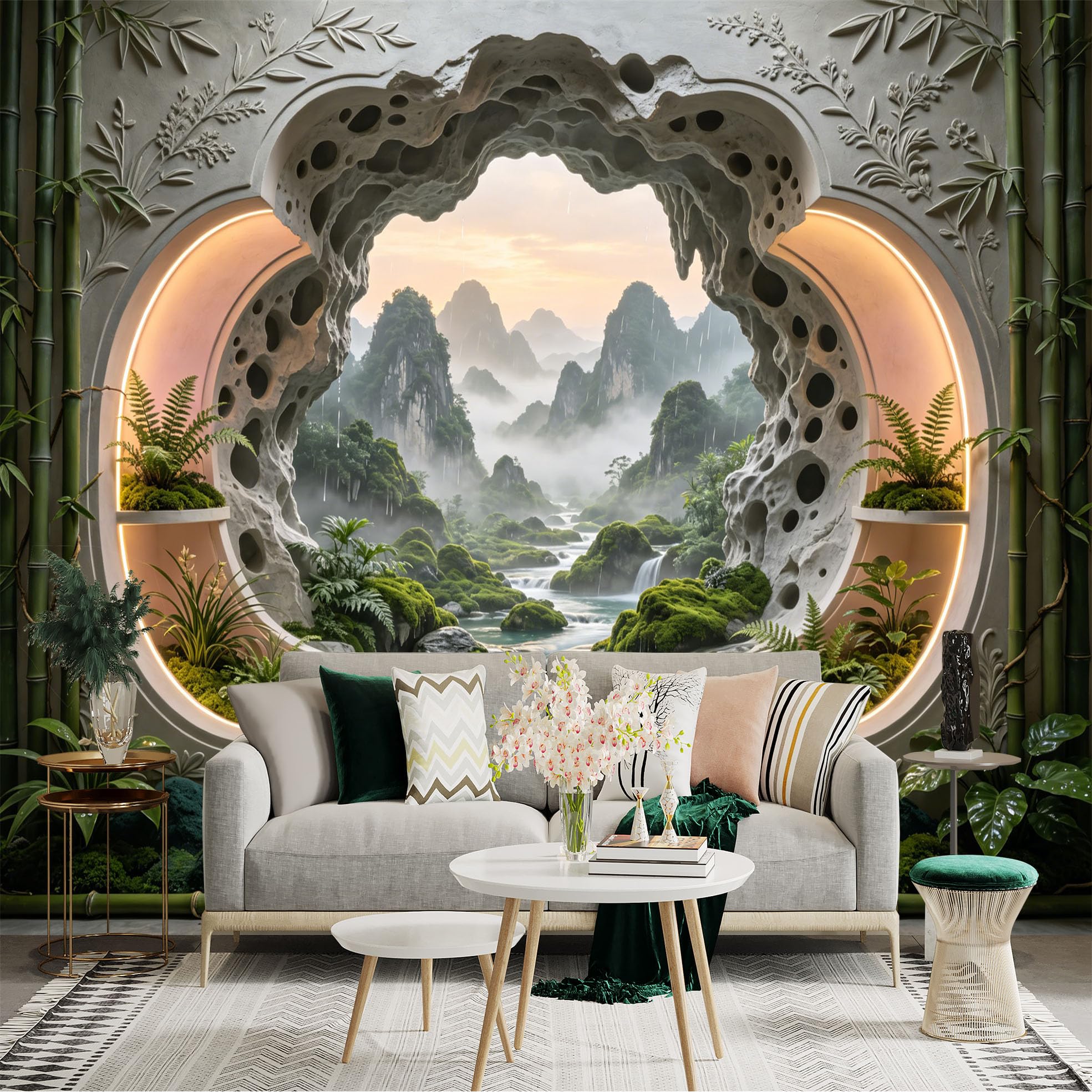 Custom Size Wall Sticker Mural， Zen Garden Landscape with Waterfall， Bamboo and Mountain View， for wall Decoration， peelandstick wall Decals.