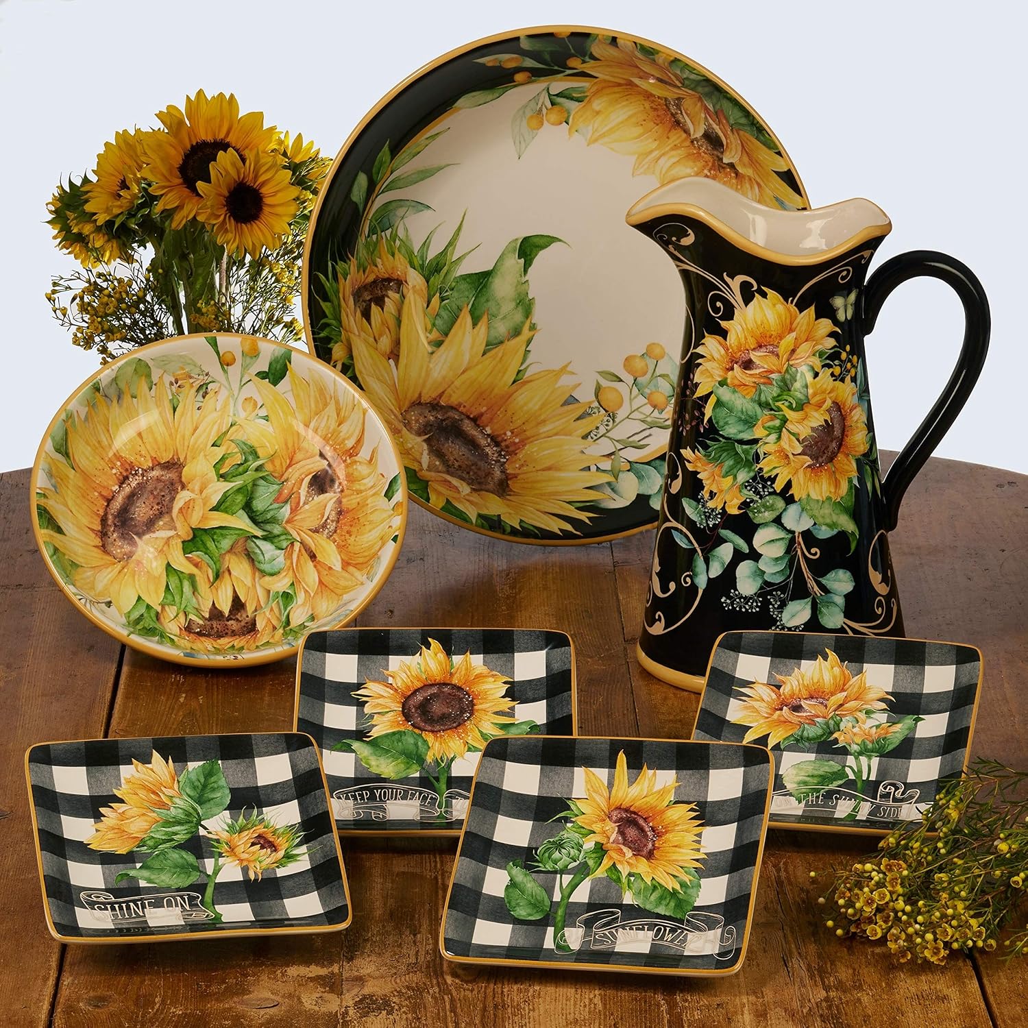 Misc Sunflower Fields 9-inch Soup/Pasta Bowls (Set of 4) Multi Color White Yellow Floral Farmhouse Modern Contemporary Round 4 Piece Dishwasher Safe Microwave