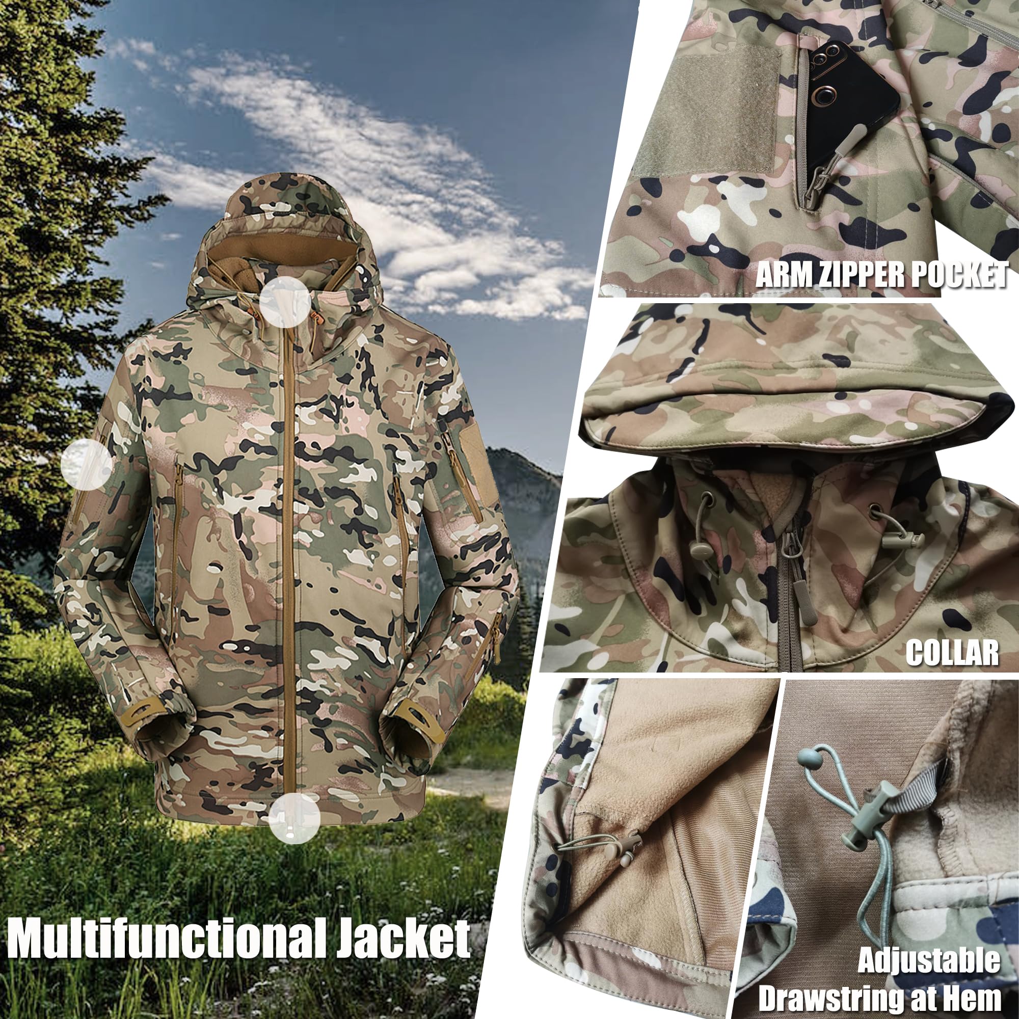 Kelmon Uomo Tattico Softshell Giacca Multifunzionale Outdoor Camouflage Militare Pile Fodera Impermeabile Antivento Calda Cappuccio Cappotto