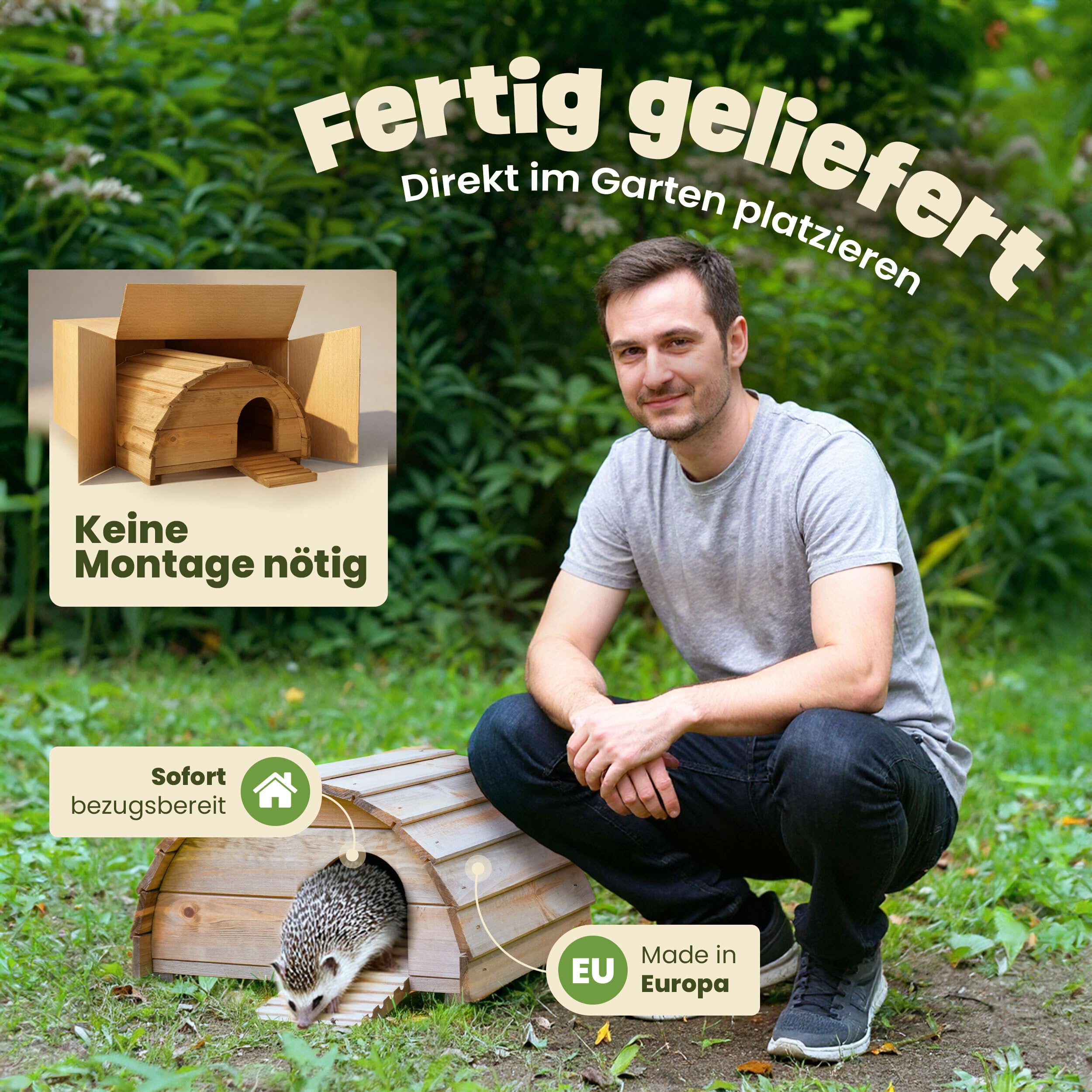 zooprinz Igelhaus aus Vollholz – Winterfest & wetterfest, mit Bodenplatte – Labyrinth-Eingang gegen Räuber – erhöht, warm & trocken – Outdoor Igelfutterhaus für Garten, fertig montiert (Mittelbraun)