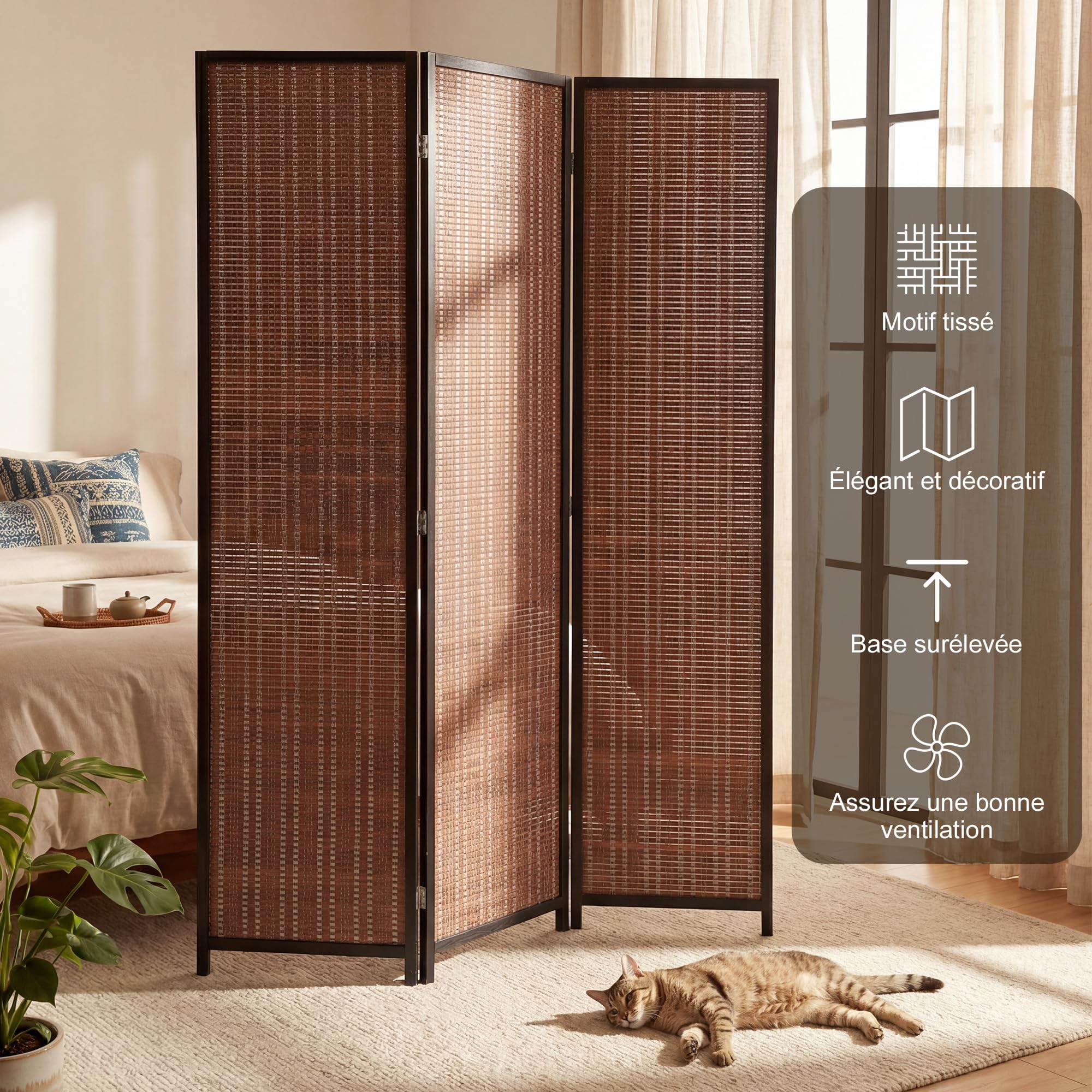 HOMCOM Paravent Interieur en Bois 3 Panneaux 135 x 180 cm séparateur de pièce Pliable cloison de séparation pour Salon Chambre à Coucher Maison, Marron