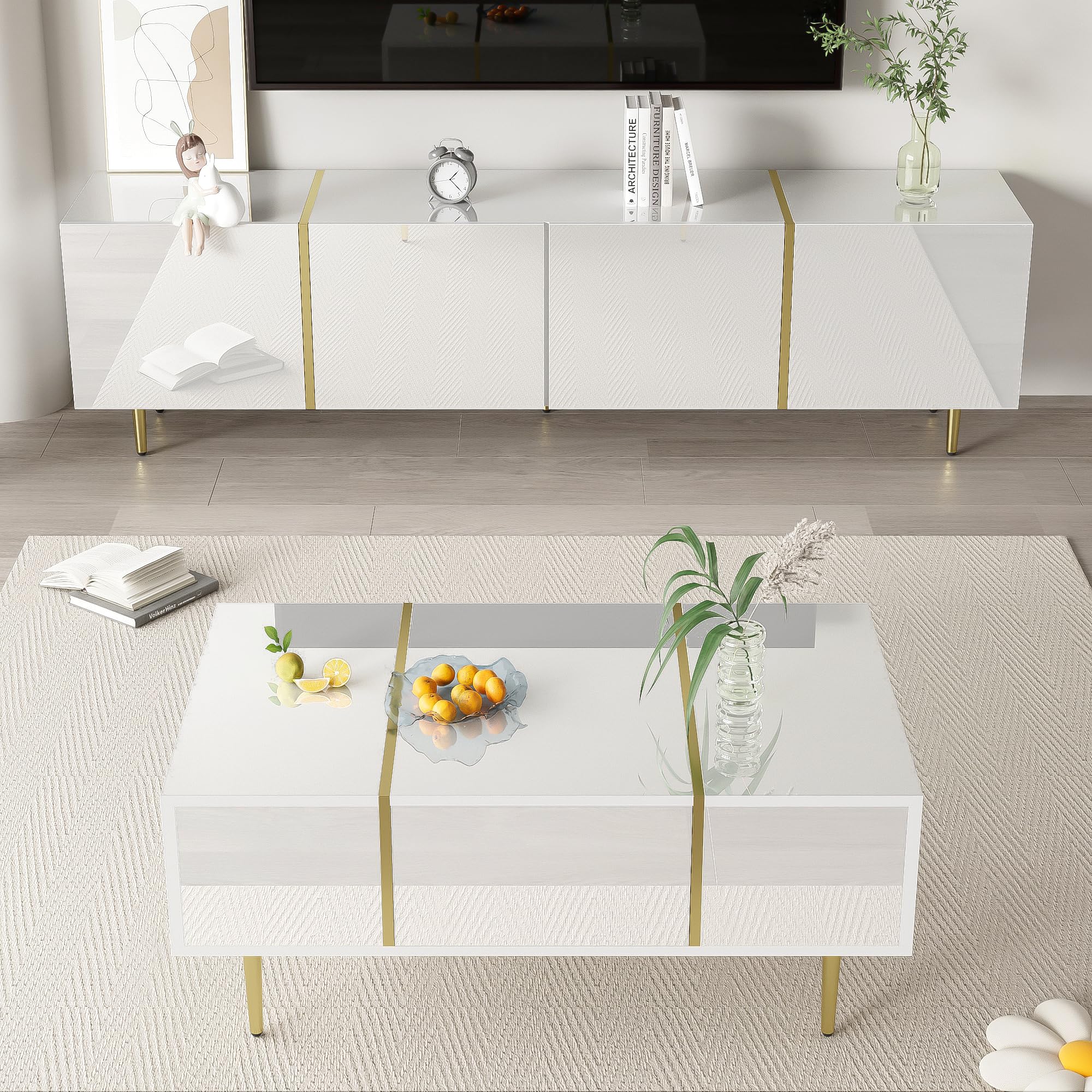 Generisch Moderner TV-Schrank mit Couchtisch Set in Hochglanz Weiß & Gold – 4 Türen, 2 Schubladen, Soft-Close, Staubsaugerroboterfreundlich, XL-Stauraum für Wohnzimmer