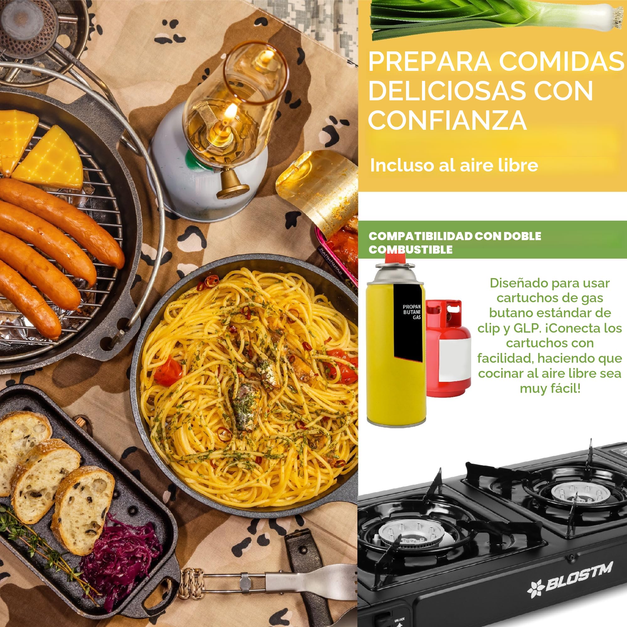 BLOSTM Estufa de gas portátil para camping, estufa de camping de doble quemador con sistema de encendido automático y control de calor