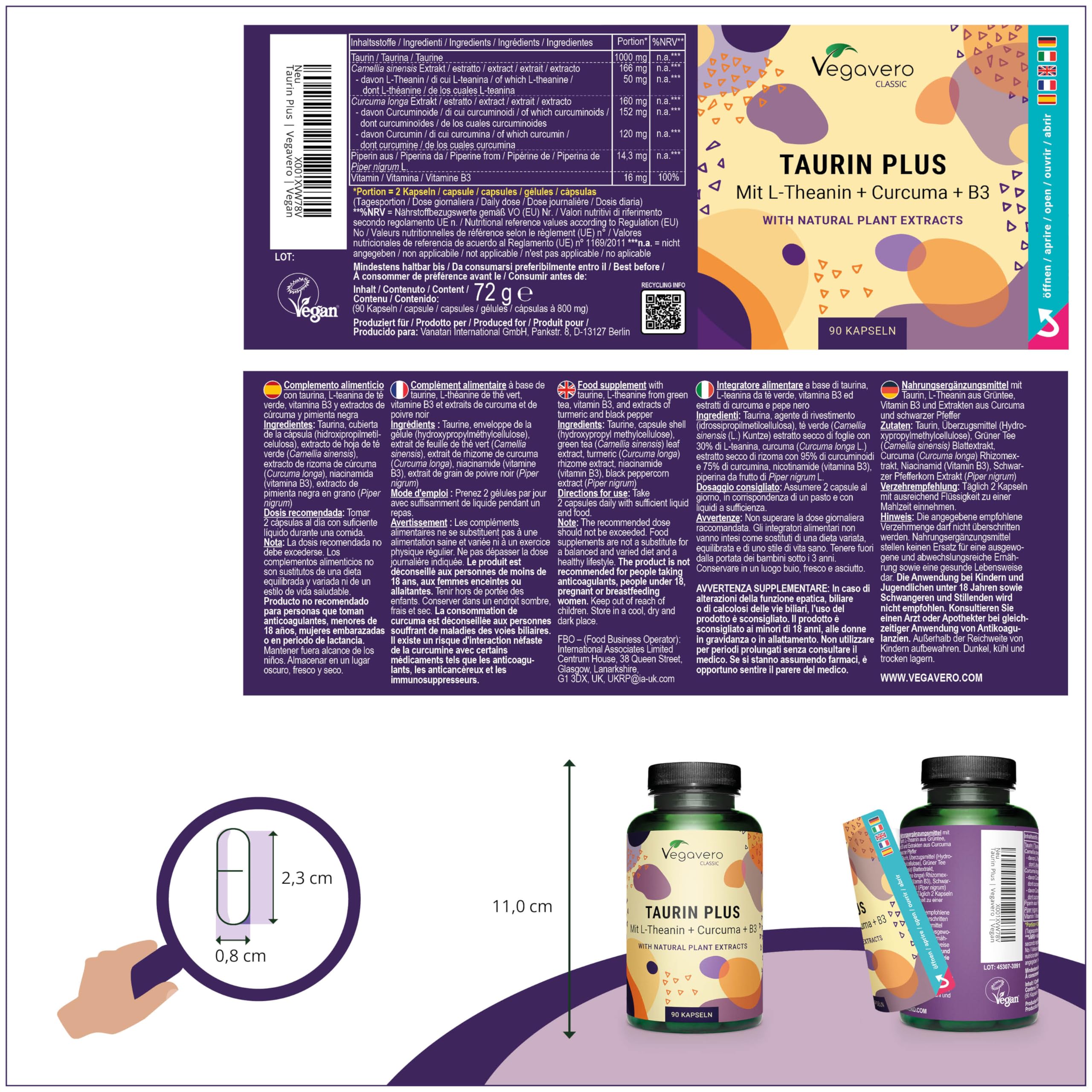 Taurina 1000 mg | Integratori Sport Pre e Post Workout | con L-Teanina, Curcuma e Vitamina B3 | Capsule ad Alto Dosaggio | No OGM | Vegan | Vegavero®
