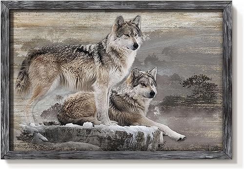 Miniatura 7 de Decoración artística enmarcada de lobo pintura moderna de madera de animales salvajes, lobo rústico, paisaje natural, obra de arte de vida