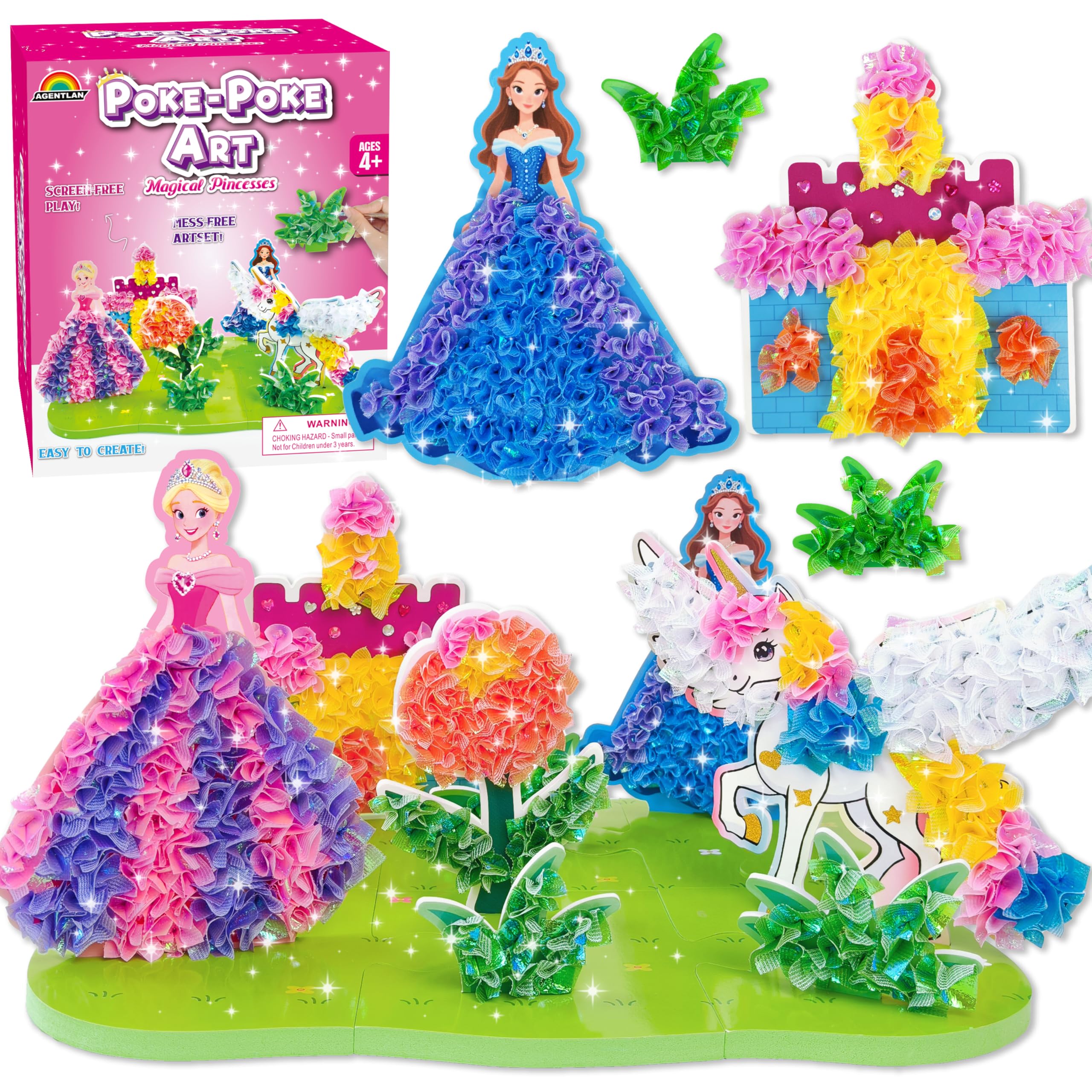 AGENTLAN Poke Art Princess Kit for Kids, DIY Craft Kits with Magical Princesses & Unicorn, Mess-Free Fabric Arts and Crafts, Fun & Easy Kits for Kids, Birthday Gifts for Ages 4 5 6 7 8+