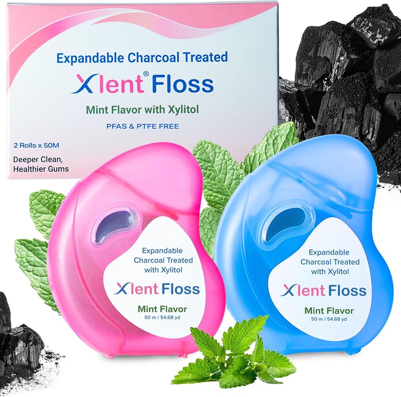 XLENT Hilo dental de carbón expandible, recargable, menta, 50 m, paquete de 2 | Hilo dental de carbón para una limpieza más profunda, dispensador recargable, sin PFAS/PTFE/BPA, vegano, cera vegetal, xilitol, fabricado en Italia