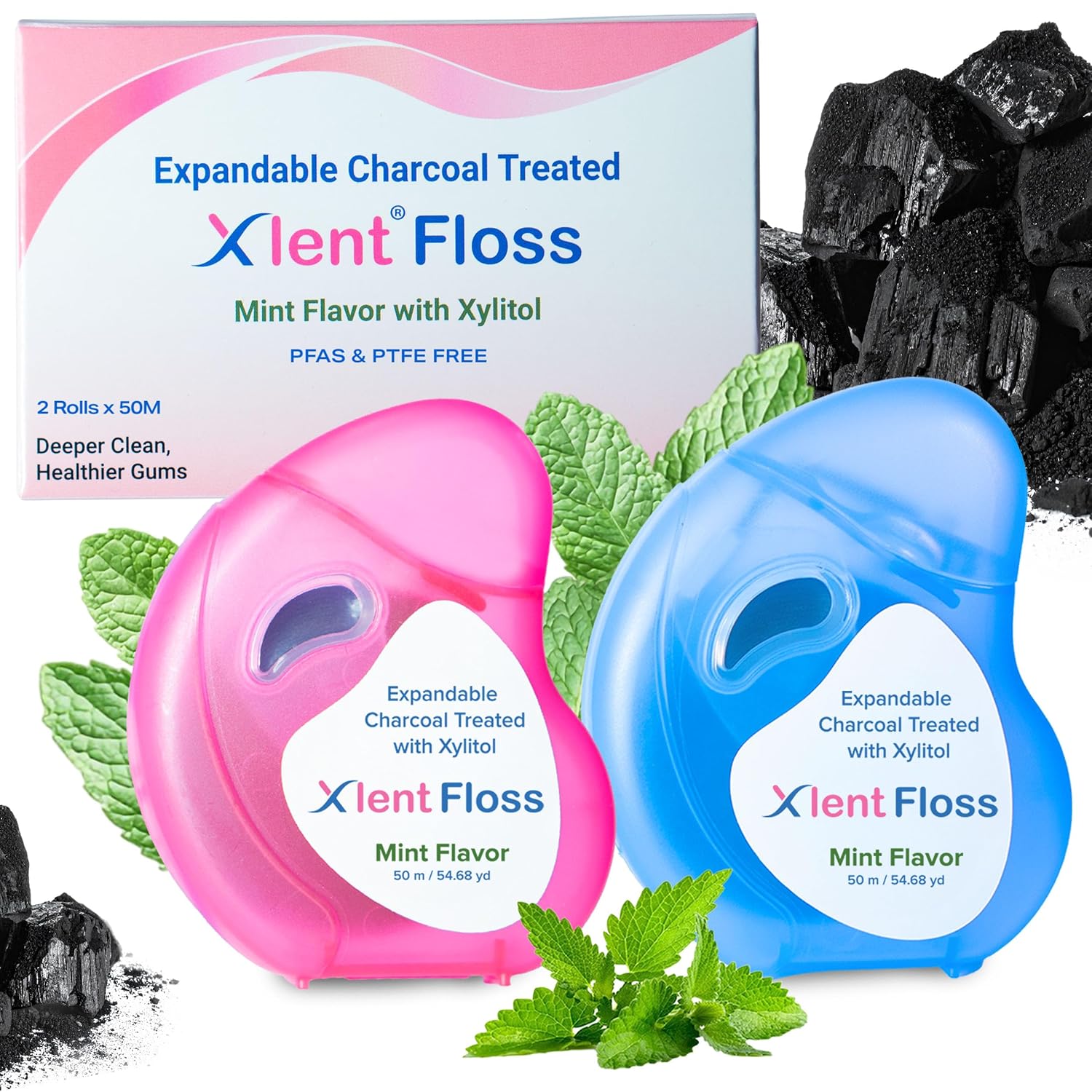 Expandable Dental Floss Treated with Activated Charcoal with Xylitol and Natural Plant Based Wax Mint Flavor PFAS PTFE