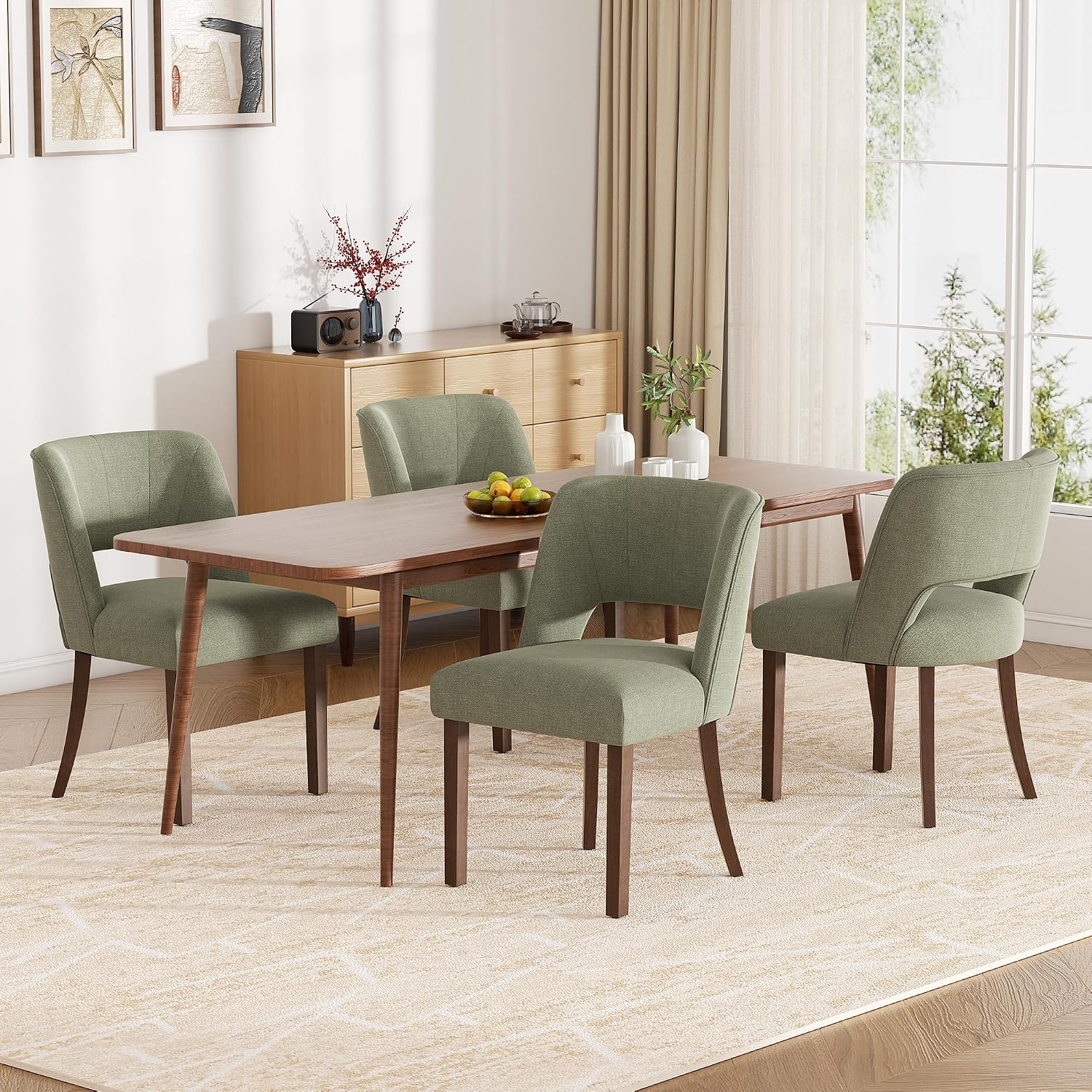 Dining Chairs Set of 4,Modern Dining Room Chairs with Thick Cushions,Linen Upholstered Kitchen Dining Chairs with Wood Legs for Kitchen Dining Room Living Room,Green