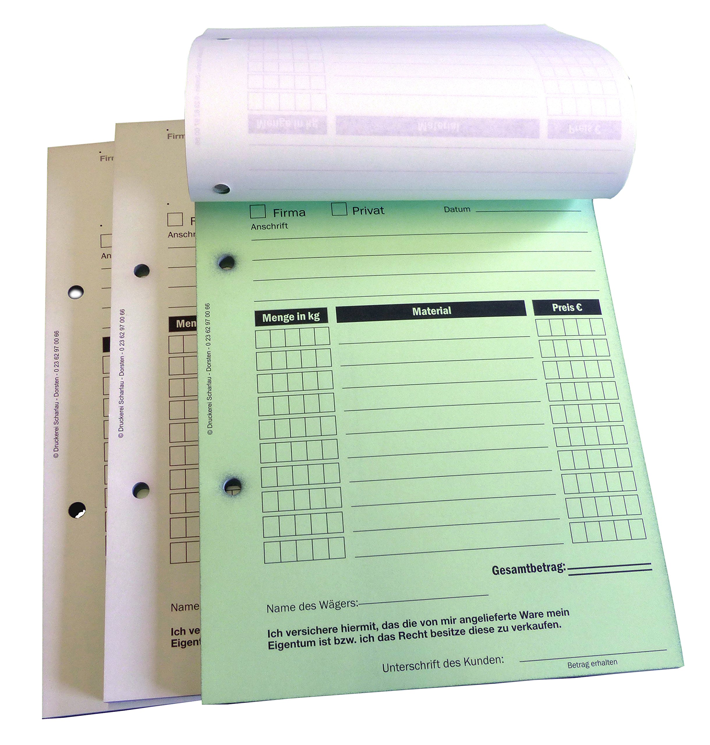 10x Ankaufquittung - Gutschrift - Materialeingang DIN A5, 2-fach selbstdurchschreibend,2x50 Blatt weiß/grün - gelocht (22608)
