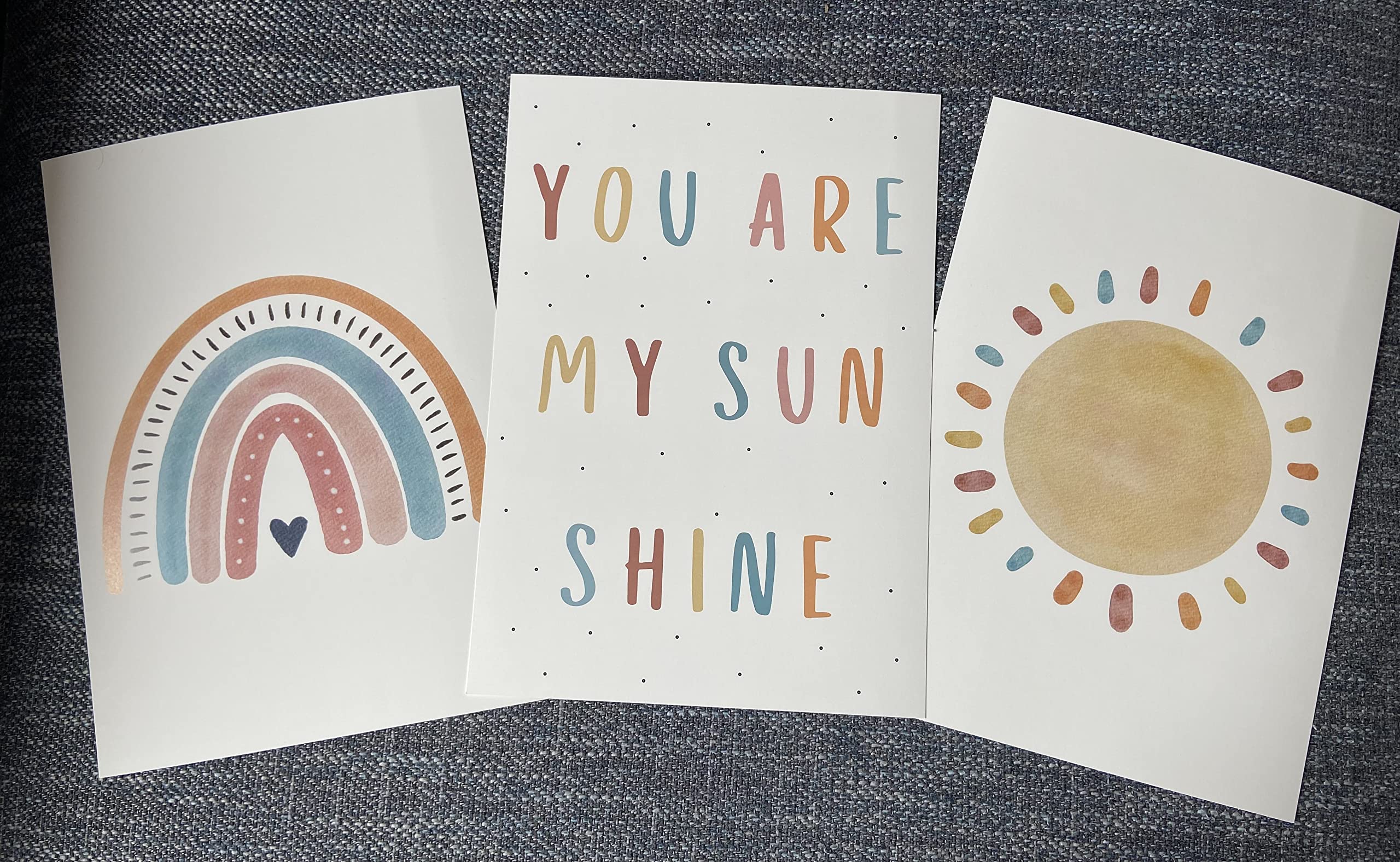 Eviepops Prints Quadri Cameretta Bambini “You Are My Sunshine” Set di 3 Stampe Boho Arcobaleno e Sole Senza Cornice, Decorazione Parete (A3)