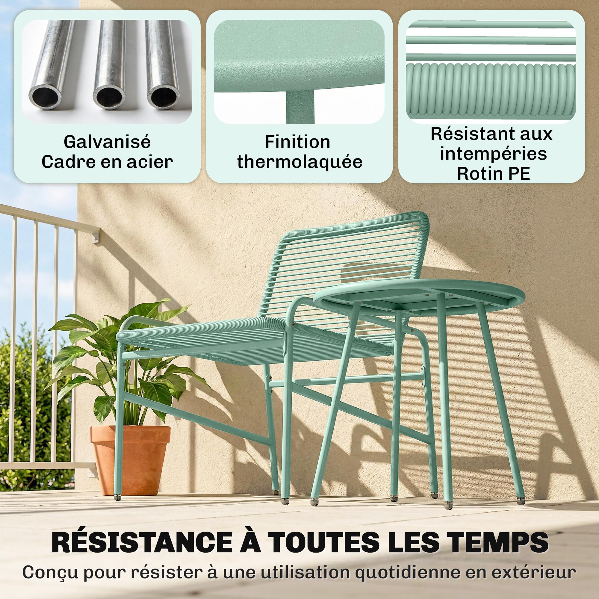 Outsunny Salon de Jardin Extérieur 3 Pièces en Résine Tressée, Table de Jardin Ronde avec 2 Chaises, Pieds Ajustables, Cadre en Acier Galvanisé, Mobilier de Jardin pour Balcon Terrasse Patio, Vert
