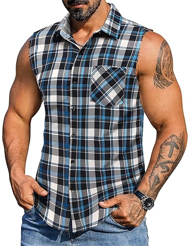 COOFANDY Mens Sleeveless Flannel Shirt Casual Summer Tank Top Button Up Sleeveless Beach Shirts with Chest Pocket - Blue - Medium