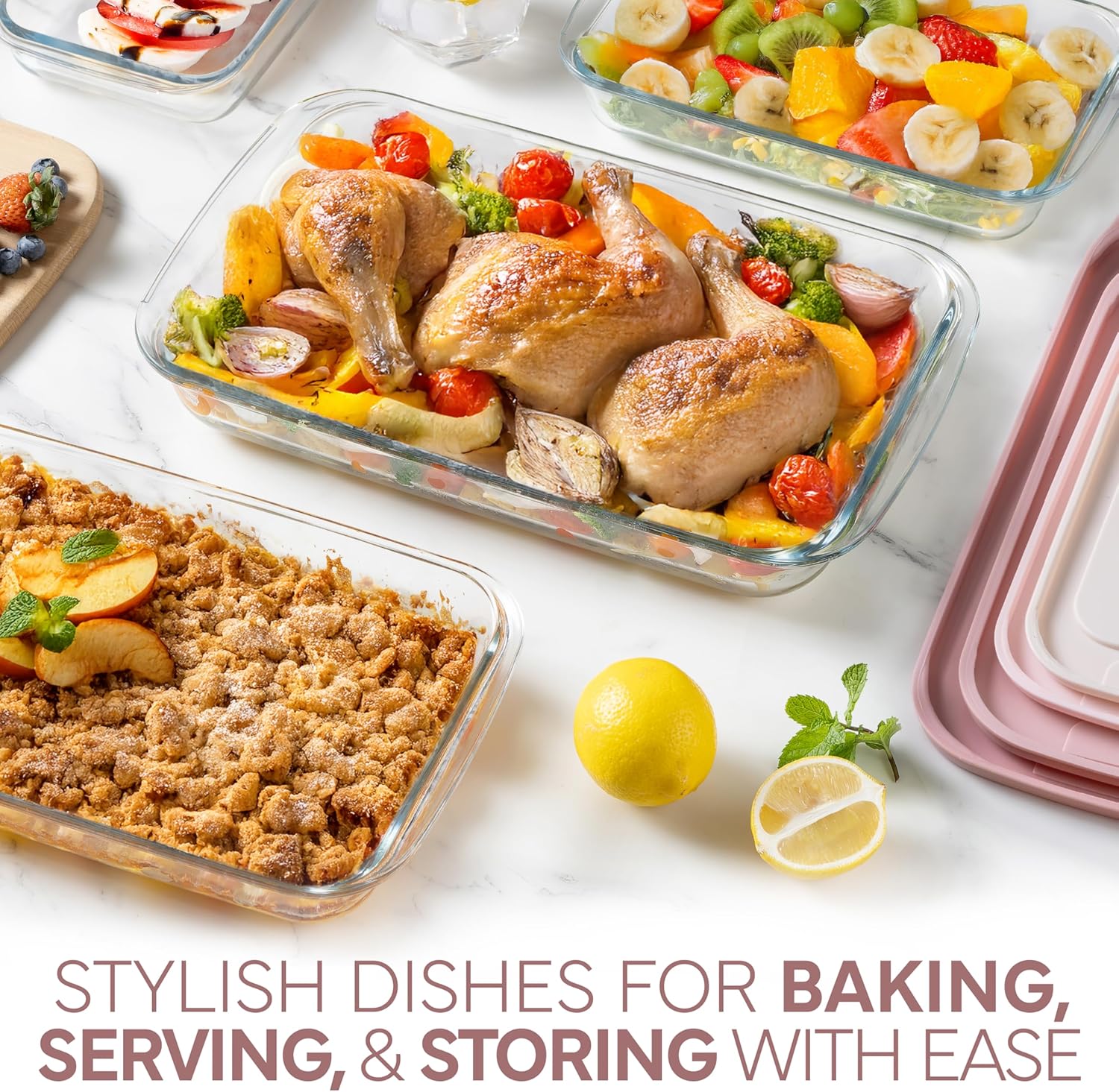 COOK WITH COLOR 8 PC. Glass Baking Dish Set with Lids - Deep Casserole Dish, Glass Food Container, Oven, Freezer and Microwave Safe, Clear Container, Pink