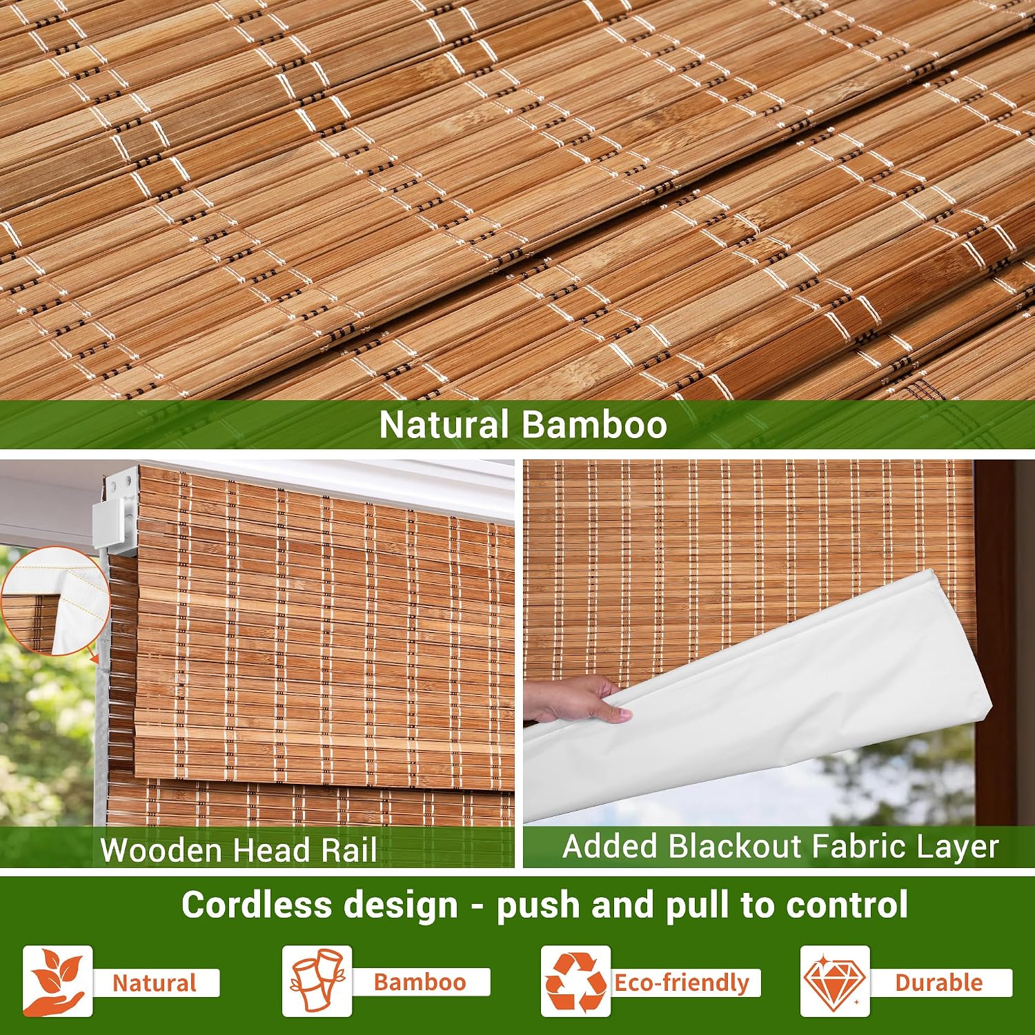No Drill Bamboo Roman Shades with Lining, Blackout Blinds for Interior Windows, Room Darkening Roll Up Bamboo Blinds for Home & Patio,22" W x 36" H,Natural Bamboo