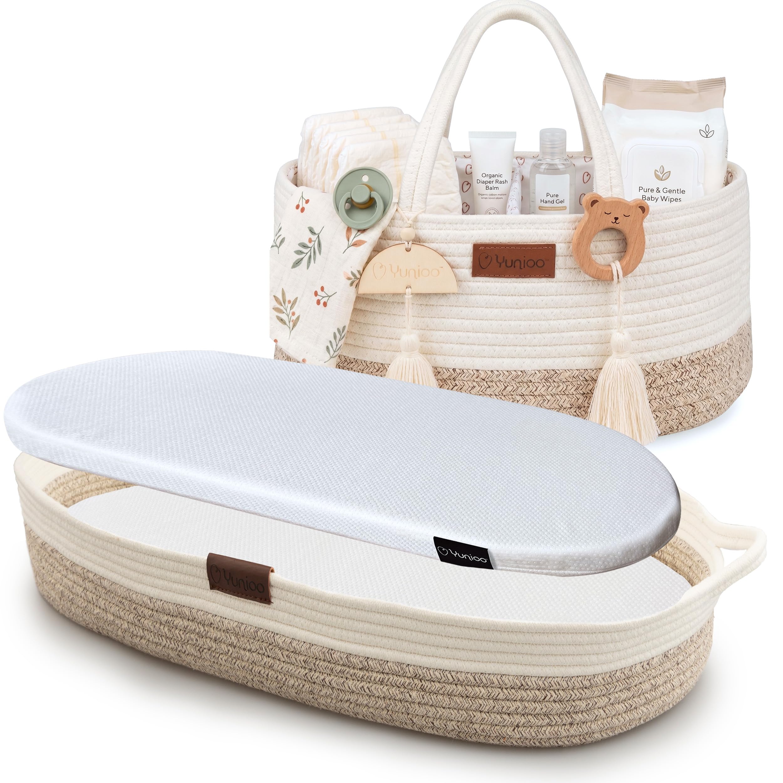 Panier à Langer Bébé + Organisateur Couches Yunioo - Matelas à Langer Bébé avec Housse Imperméable & Rangement Table à Langer, Coton Tressé, Lavable, Cadeau Naissance
