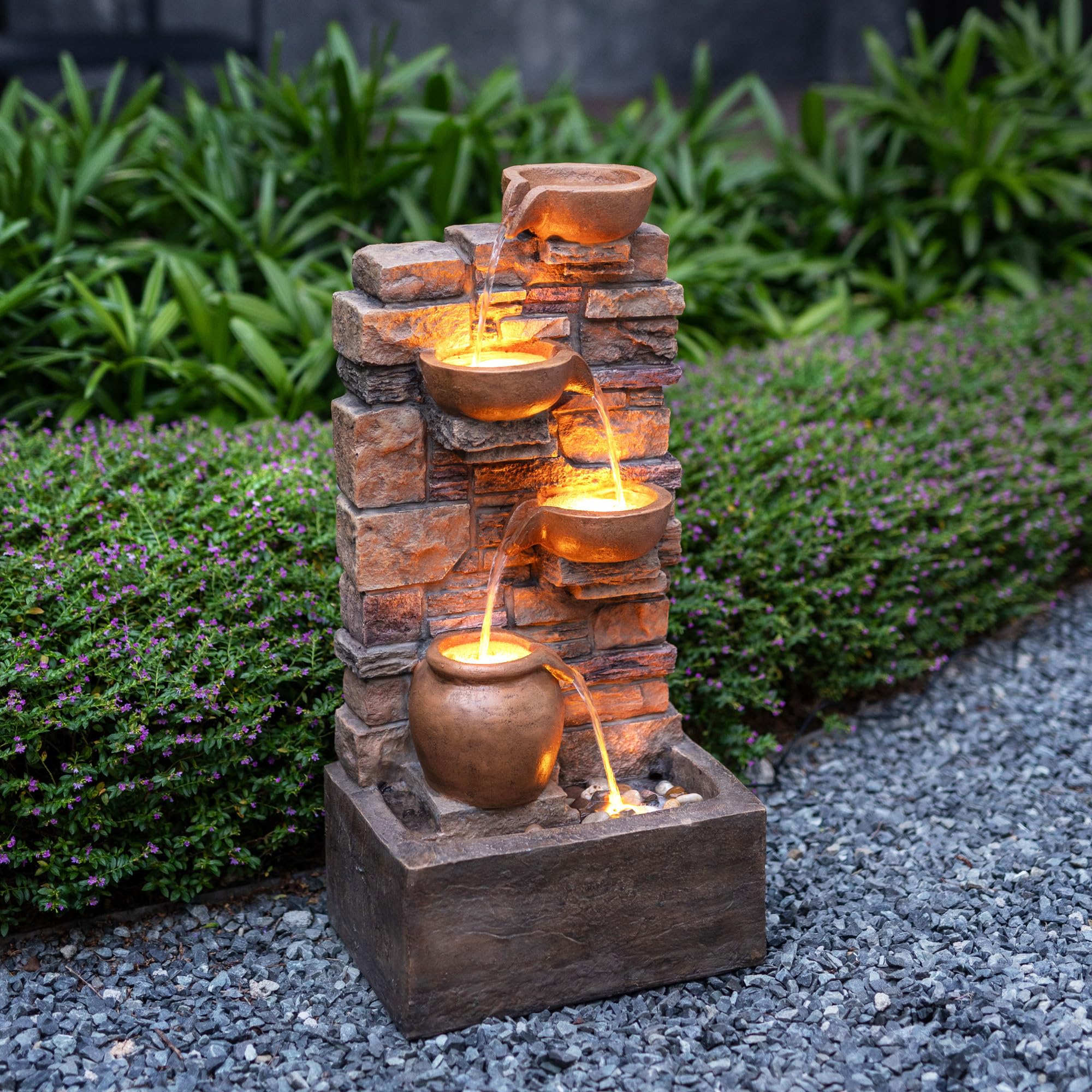 Teamson Home Fuente en Cascada 4 Niveles Marron Exterior con LED