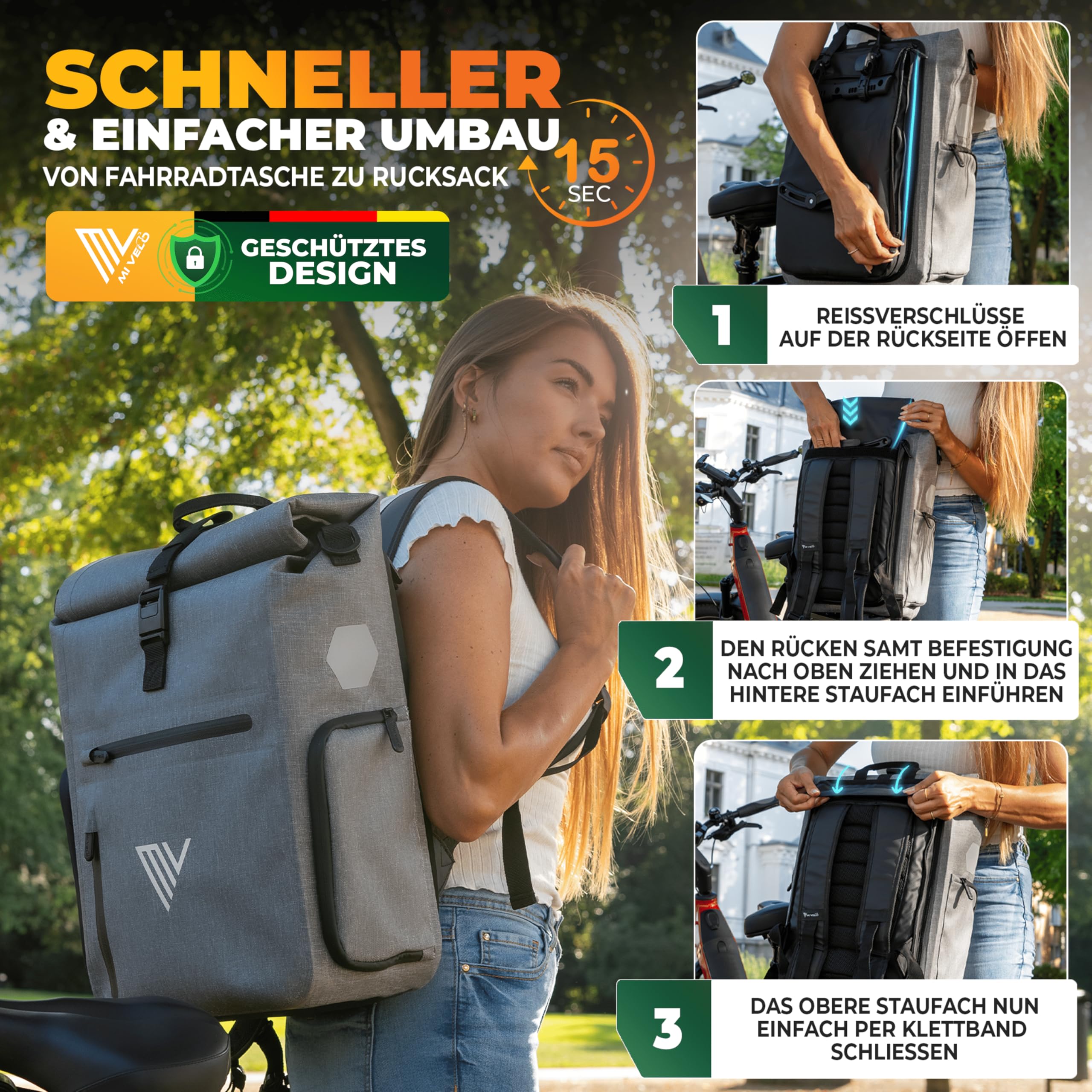 MIVELO Fahrradtasche 3in1 Gepäckträgertasche, Rucksack für Fahrrad
