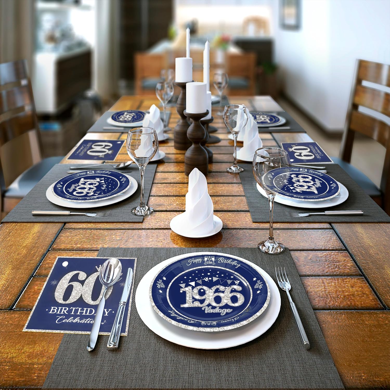 60 PCS Vintage 60th Birthday Plates and Napkins Set, 60th Birthday Decorations Blue and Silver, Service for 30, 1966 Birthday Dessert Plates and Napkins Party Supplies for Men Women - Image 5