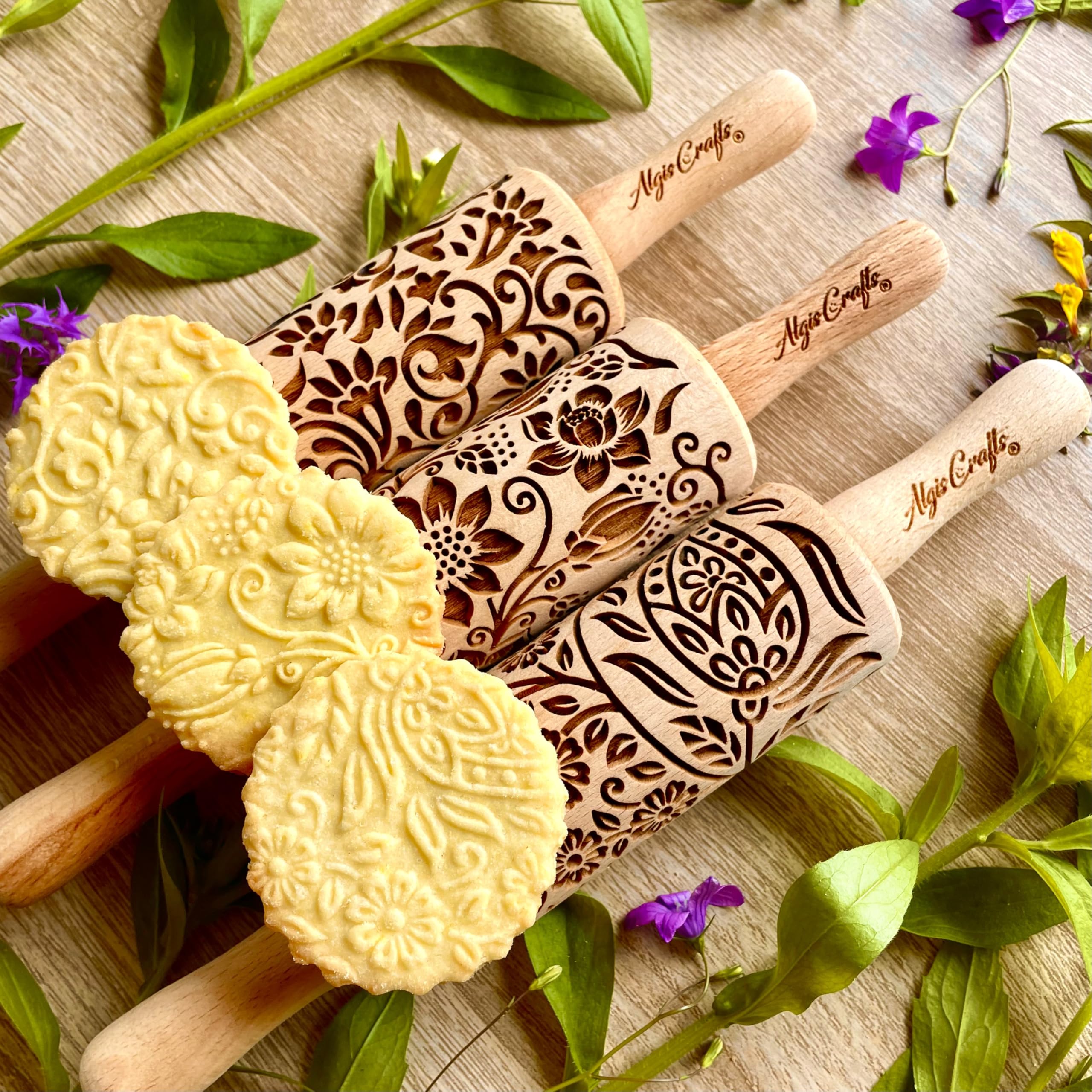 Floret 3 Kid Rolling Pin Set including Lotus, Kashmir, Paisley, Flowering Vine - Image 2
