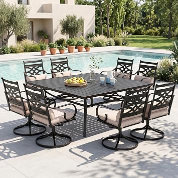MFSTUDIO Patio Dining Sets for 8, Patio Table and Chairs Set with Umbrella Hole, Patio Furniture Set with Square Table & Swivel Chairs, 9 Piece Outdoor Dining Set for Deck, Poolside, Backyard, Garden