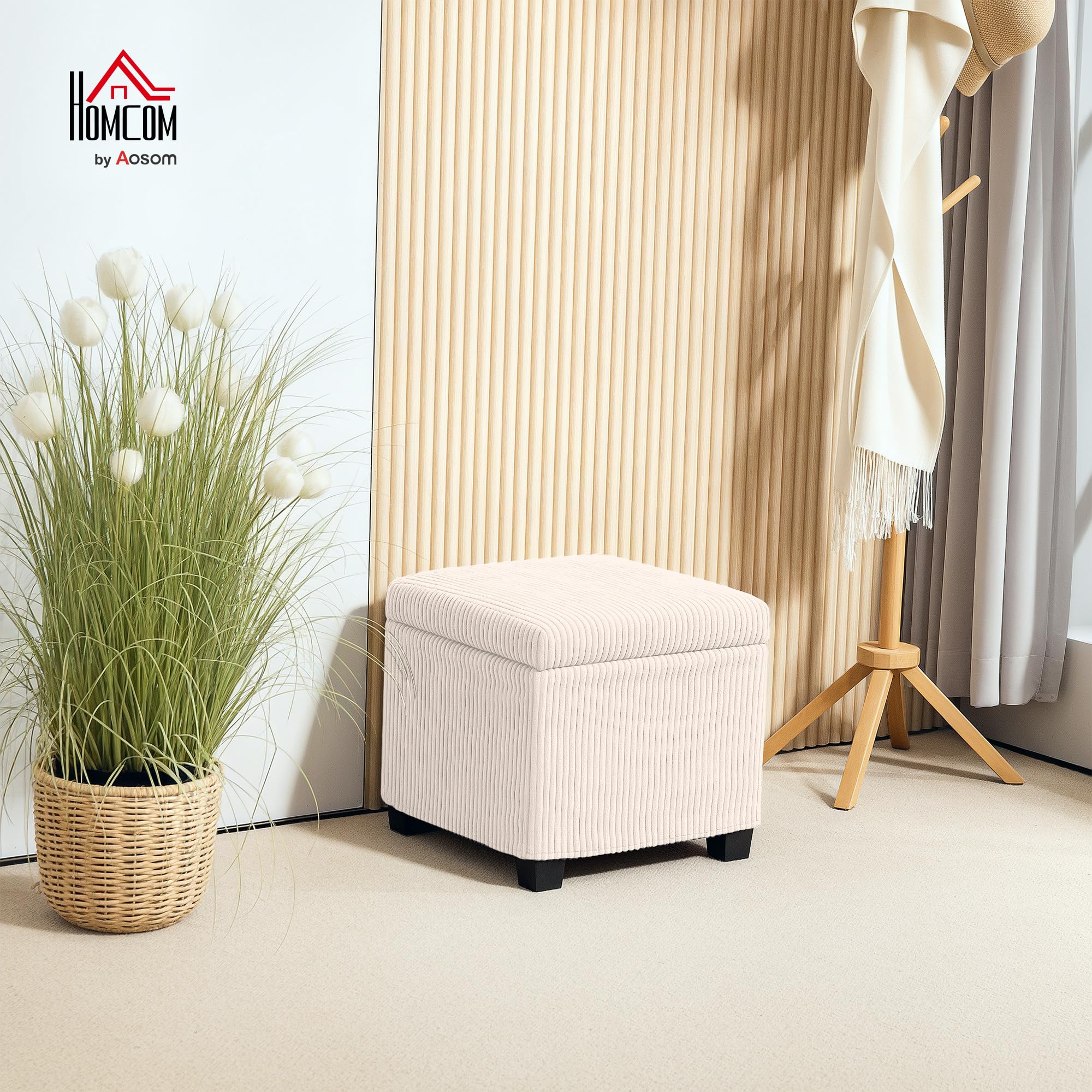 HOMCOM 40 cm quadratische Ottomane Aufbewahrungsbox mit abnehmbarem Deckel, gepolsterter Cord-Fußhocker, Fußstütze für Wohnzimmer, Schlafzimmer, Eingangsbereich, Beige