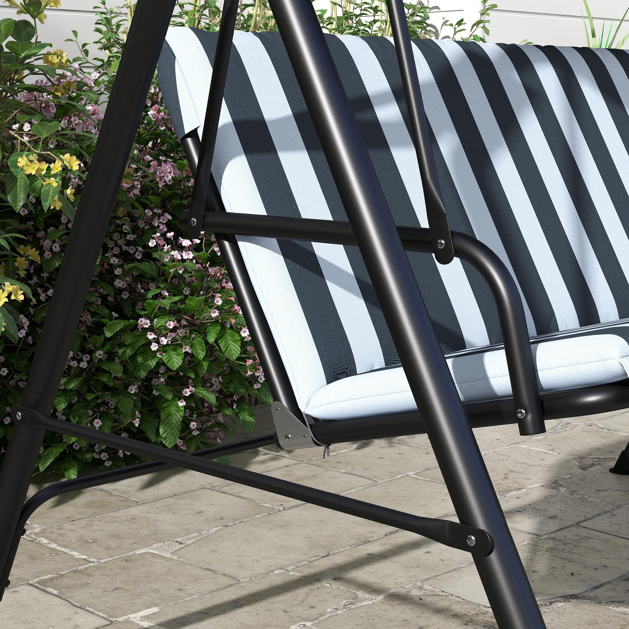 Outsunny Hollywoodschaukel mit Sitzpolster, 3-Sitzer Gartenschaukel mit verstellbarem Sonnendach, Schaukelbank belast bis 240 kg, für Garten, Terrasse, 172 x 110 x 153 cm, Grau+Weiß