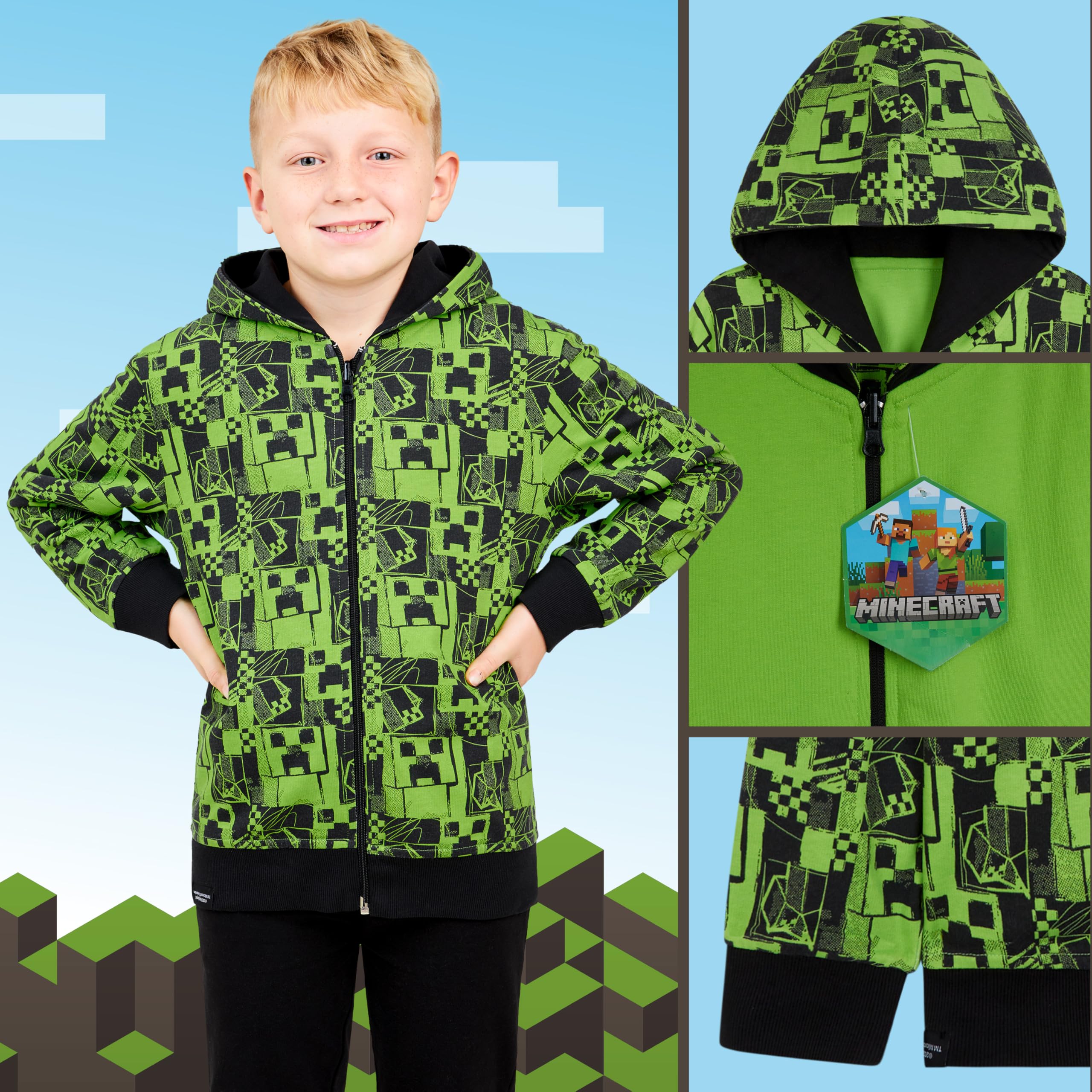 Minecraft Sudaderas con Capucha para Niños Sudadera Niño Reversible con Cremallera Ropa Niño Adolescente Gamer 5-14 Años