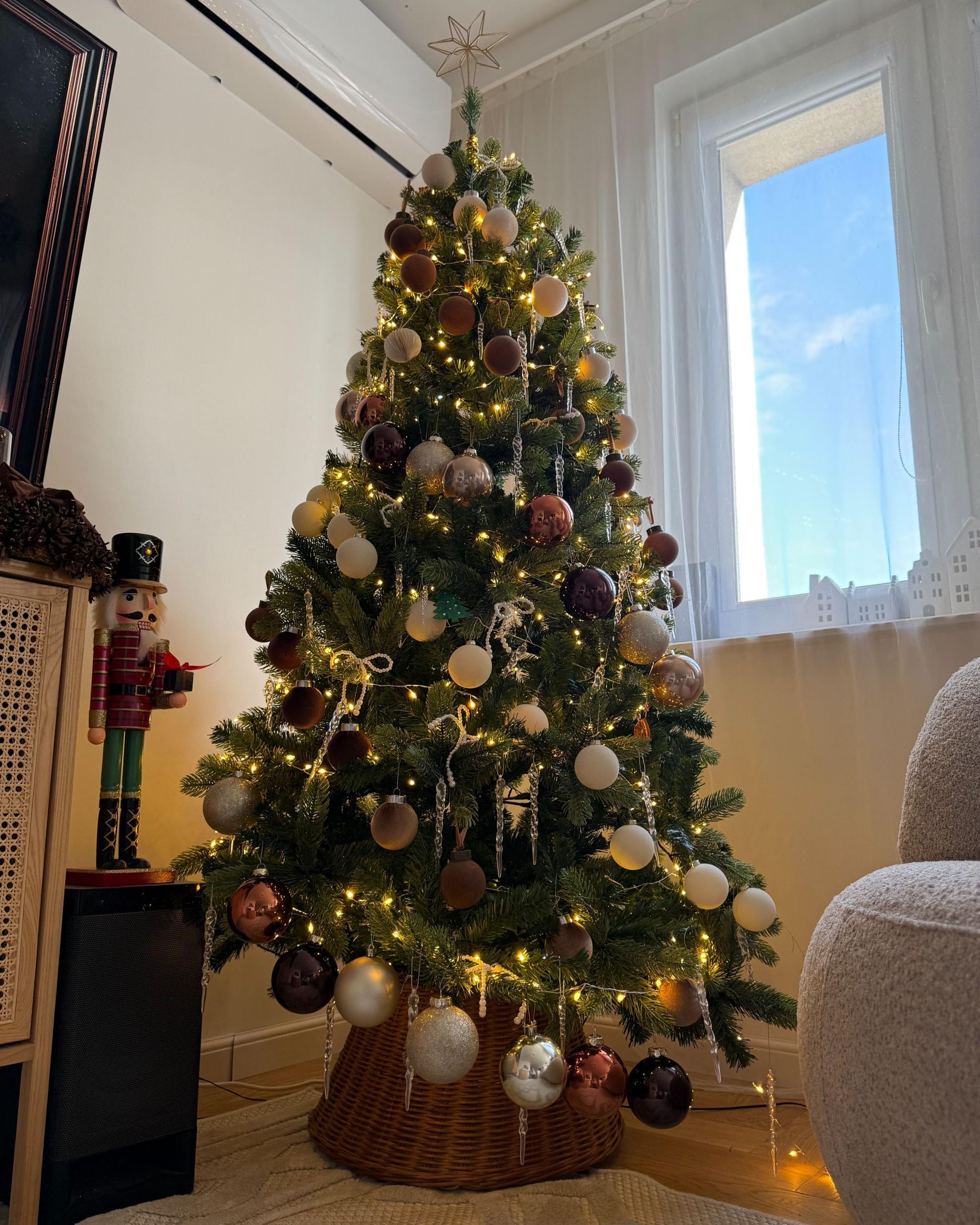 Jupe de Sapin de Noël en Rotin ⌀ 50 cm Rond Fait Main Naturelle Flocon