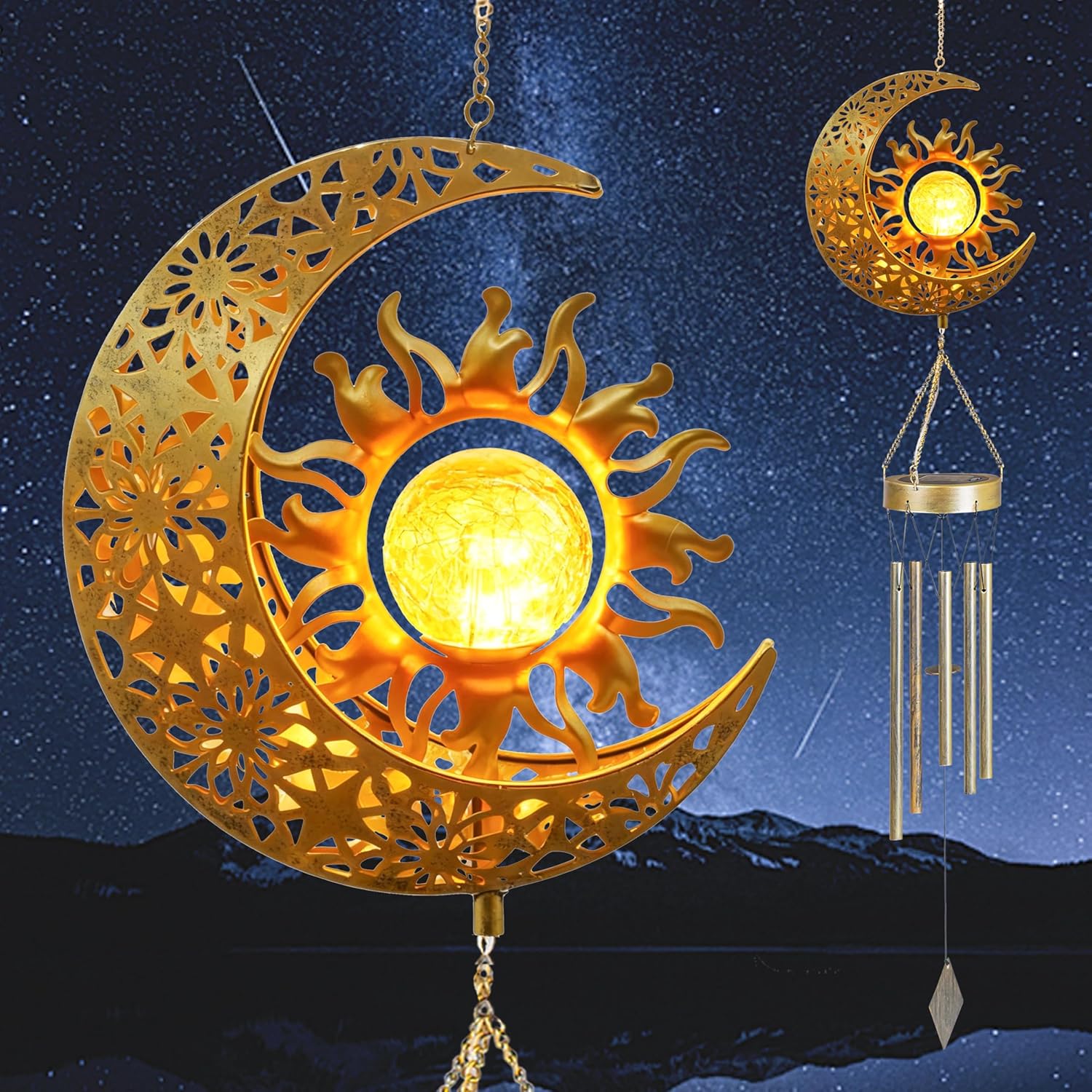 YAKii Sun Moon Solar Wind Chimes for Outside Lights Prefert Gifts for Mom Wife Unique Crackle Glass LED Warm Light Outdoor Hanging Decor Windchimes for Garden Yard Patio Christmas Birthday Mothers Day