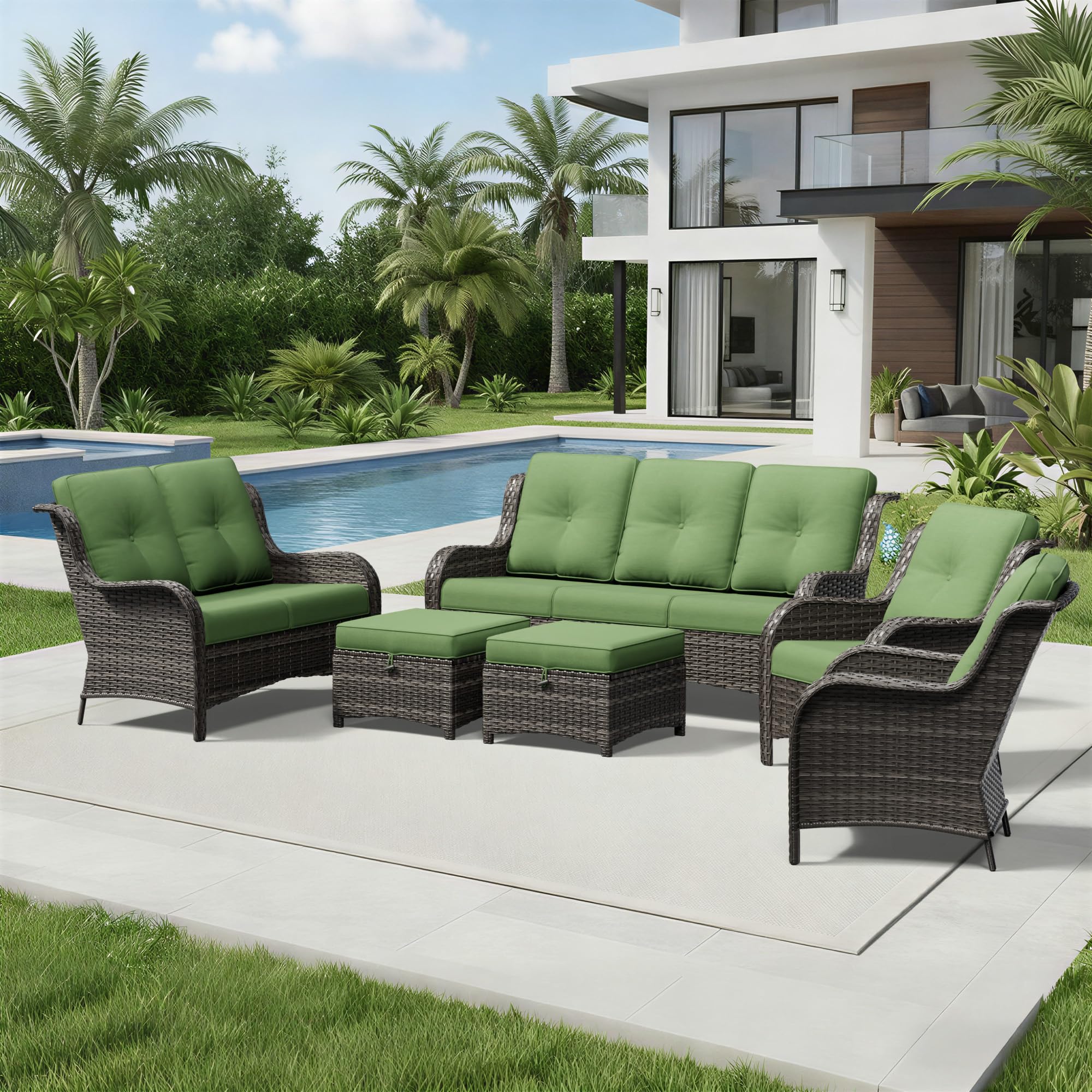 Joyside 6 Piece Wicker Patio Furniture Set, Rattan Patio Chairs with High Back, Deep Seating, Wide Armrest, Thickened Cushions, Outdoor Furniture for Deck, Porch Use