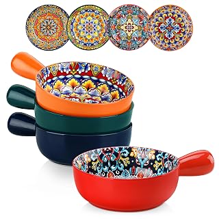 vancasso Soup Bowls with Handles, 23 Oz French Onion Soup Bowls Oven Safe, Bohemian Ceramic Soup Crocks for Cereal, Pasta, Beef Stew, Chilli, Microwave Dishwasher Safe-6.2 inch, Set of 4 - Amazon product rated Grade A