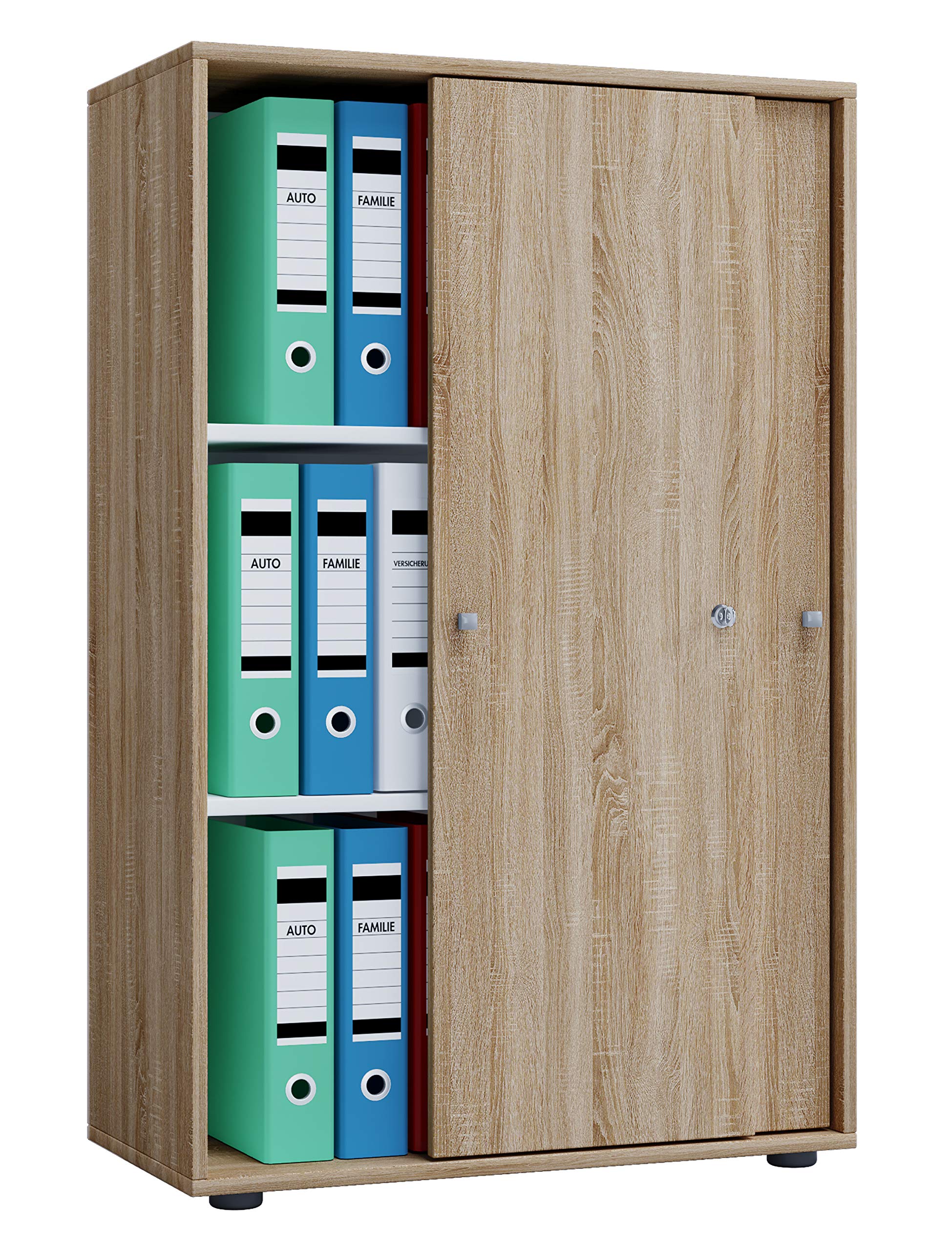VCM Büroschrank mit 3 Fächern, Schiebetüren und Schloss