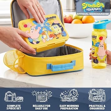 Get Trend SpongeBob SquarePants Kids Insulated Lunch Bag 3Pc Set with Bento Lunch Box & 640ml BPA-Free Water Bottle with Straw, Lightweight Kids Snack Box, School Supplies Boys Gifts (Multi SpongeBob)