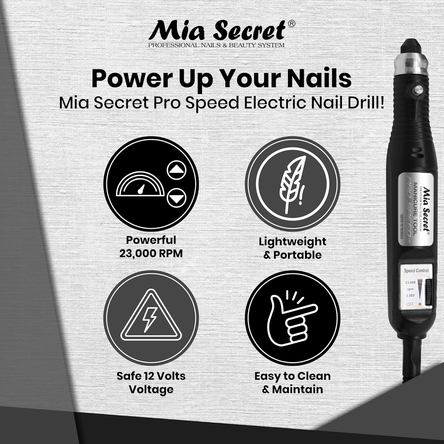 Mia Secret Pro Speed Electric Nail Drill for Manicure - Electric Nail Filing System for Beginners, 23,000 RPM - Lightweight Nail Drill for Acrylic and Gel Nail Filling
