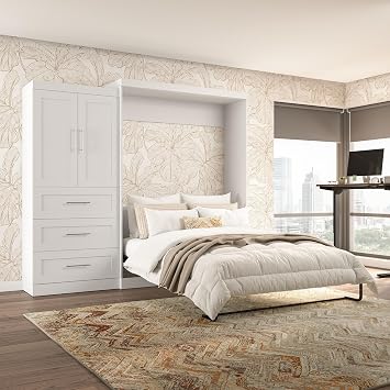 Bestar Queen Murphy Bed and Storage Cabinet with Drawers, White, Pur, 101W | Supports up to 1000 lb; min. ceiling height 91.1 in.; dual piston mechanism; for guest room or multipurpose space