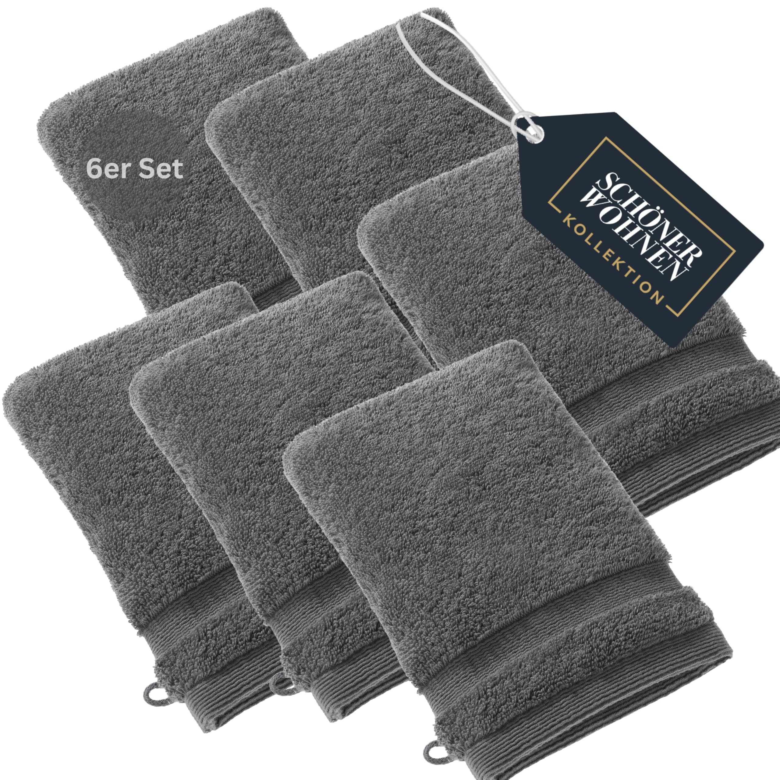 SCHÖNER WOHNEN 6er Set Premium Frottee Waschhandschuh Baby 16x21 - saugstark 500g/m² - Luxus Waschlappen anthrazit - 100% Baumwolle - flauschig für Kinder Körper - Handtuch-Set - Öko-Tex