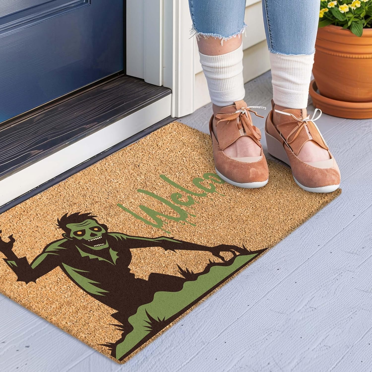 Halloween Coir Doormat, Welcome Mat Outdoor, Farmhouse Decor, Zombie Front Door Rug Heavy Duty Slip Resistant Backing, 24x16" Inches, Coir Material, Made by My Sign Center