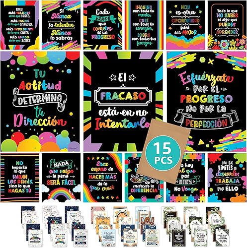 Decorably 15 vibrantes carteles motivacionales de pizarra española para el aula, secundaria, primaria, 11 x 14 pulgadas, laminado mate, póster